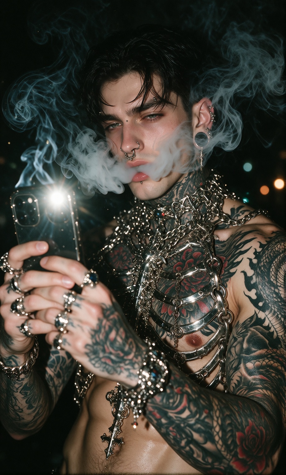 A shirtless man with dark,  slicked-back hair and multiple facial piercings—including a septum ring,  eyebrow piercing on...