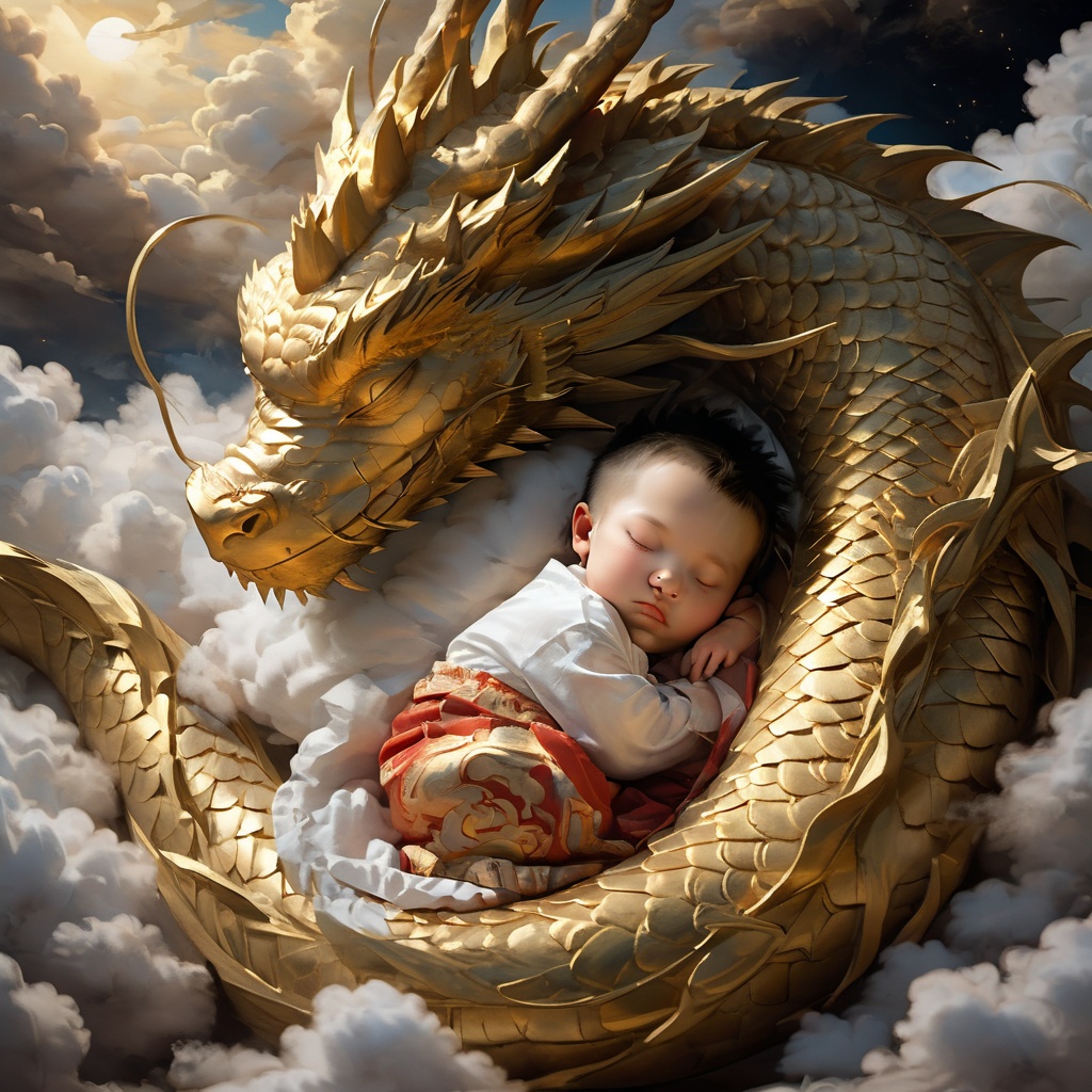 lbbao,sleeping,dragon,closed eyes,child,male focus,solo,cloud,<lora:龙宝宝:0.8>,