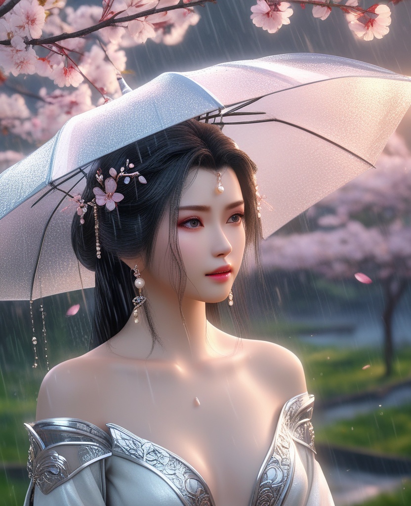 <lora:592-DA-XL-星辰变-姜立:0.8>(,1girl, ,best quality, ),looking at viewer,  ,,ultra detailed 8k cg, ultra detailed background ,ultra realistic 8k cg,          cinematic lighting, cinematic bloom, (( , )),,  , unreal, science fiction,  luxury, jewelry, diamond, pearl, gem, sapphire, ruby, emerald, intricate detail, delicate pattern, charming, alluring, seductive, erotic, enchanting, hair ornament, necklace, earrings, bracelet, armlet,halo,masterpiece, (( , )),, realistic,science fiction,mole,   ,cherry blossoms,,(((Best quality, masterpiece, ultra high res, (photorealistic:1.4), raw photo, 1girl, ,rain, , sunlight, sunset, qianqiu wanxia,     )))  (cleavage), (),