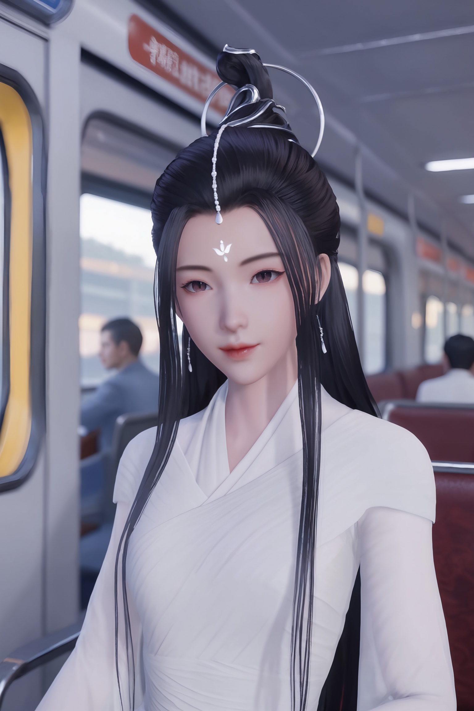 solo,1girl,solo focus,(perfect_anatomy:1.1),(upper_body:1.2),(portrait:1.1),sitting,(train_interior:1.1),(blurry_background:1.2),score_9,<lora:万界独尊-白衣女子:0.7>,long,flowing black hair,flowing white traditional East Asian robe,high collar,slit skirt,white headpiece,