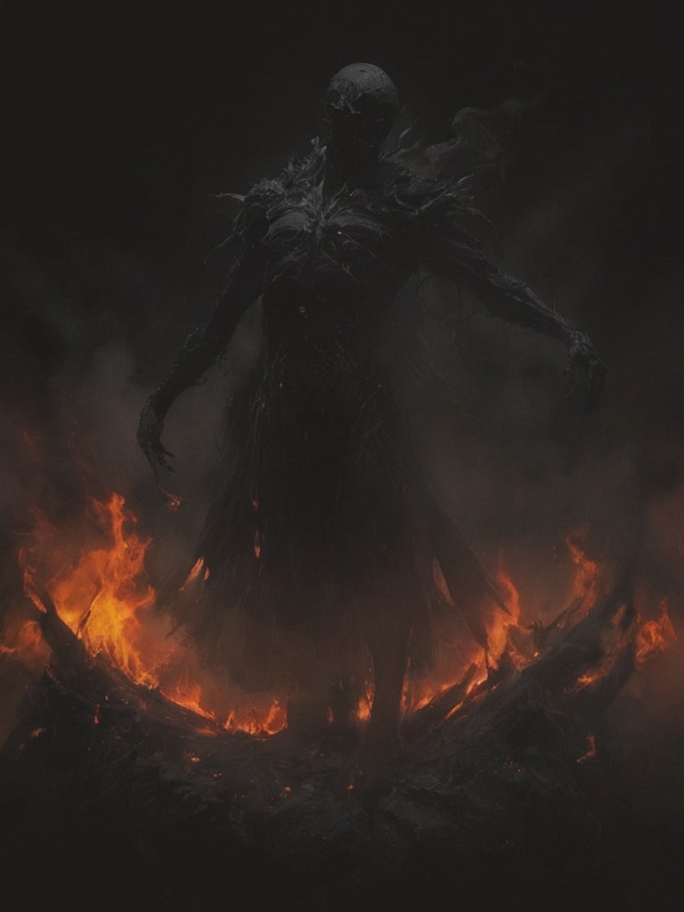 a demonic man standing in a dark room,  flames around him,  arms outstretched in the air fantasy art on Tensor.Art