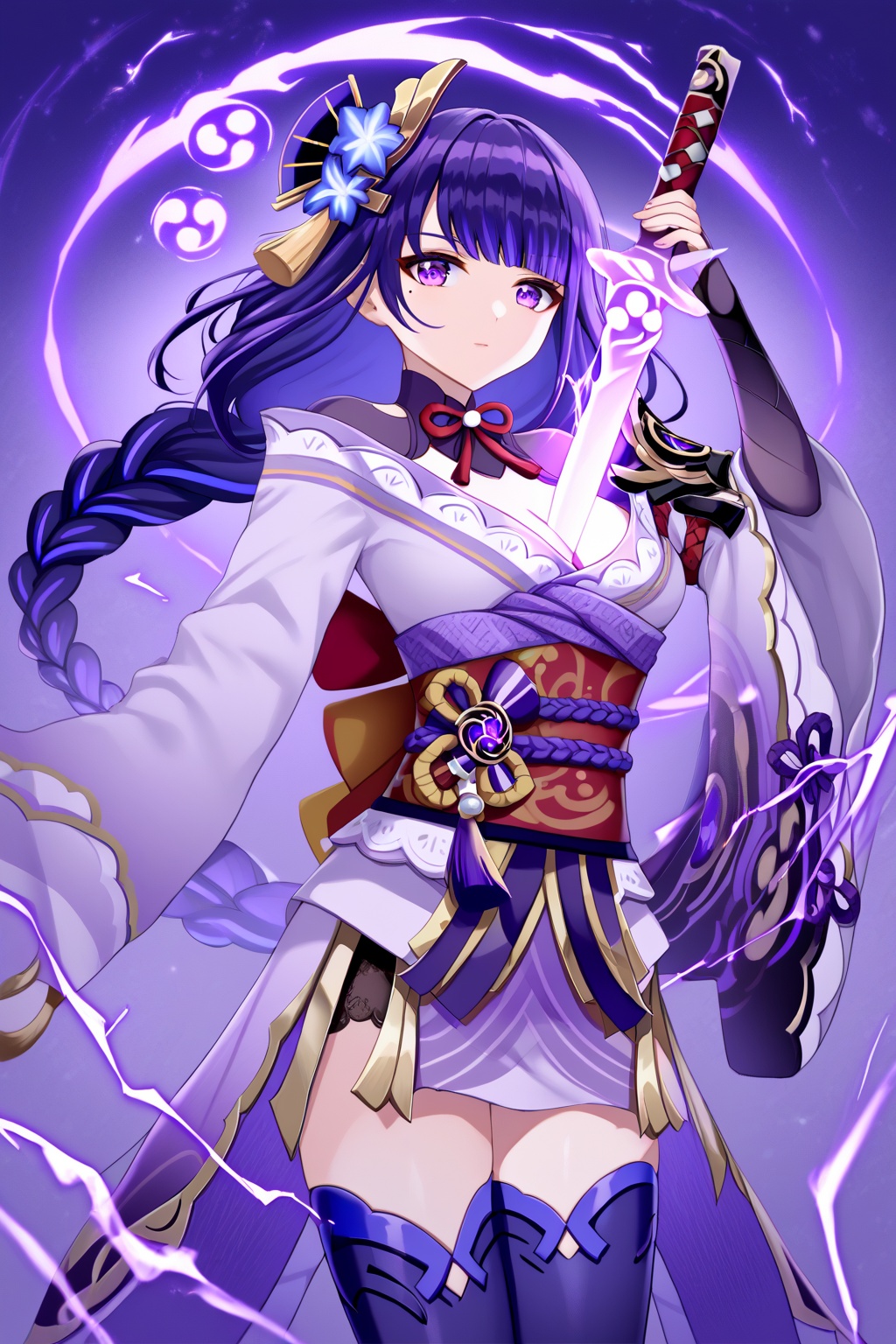 score_9,score_8_up,score_7_up,score_6_up,source_anime,source_cartoon,<lora:raiden shougunTuPONYXL-000001:1>,musou isshin \(genshin impact\),raiden shogun,1girl,solo,japanese clothes,purple eyes,long hair,black thighhighs,breasts,obi,hair ornament,purple hair,shoulder armor,purple kimono,cleavage,wide sleeves,purple flower,mole under eye,ribbon,braided ponytail,long sleeves,flower,tassel,shrug \(clothing\),mitsudomoe \(shape\),tomoe \(symbol\),holding weapon,holding,holding sword,weapon,sword,human scabbard,drawing sword,electricity,
