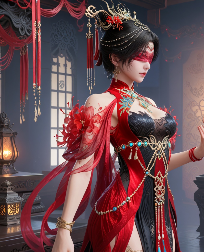 (oriental architecture, elegant decor, sophisticated style:1.1),(trick or treat,halloween:1.1),Timid,(breasts:1.2),<lora:XL16永劫无间宁红叶赤皓新囍红:0.95>,miss ninghongye,red and black tiered dress,blindfold,black hair,traditional chinese updo,hair ornament,jewelry,earrings,, score_9,score_8_up,score_7_up,score_6_up,score_5_up,score_4_up,3d rendering,tag1,tag2, Cinematic Lighting,backlighting,