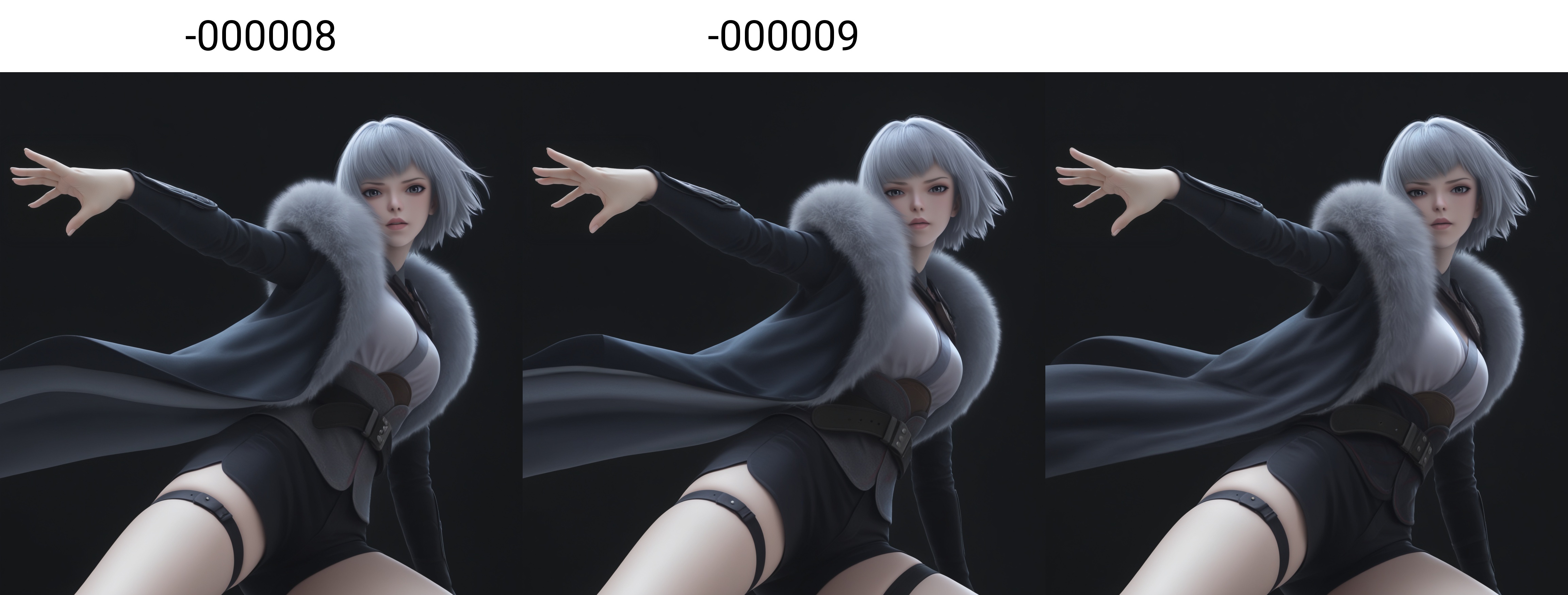 (score_9),masterpiece,best quality,absurdres,highres,(white_skin),(Ivory_skin),light_skin,BREAK<lora:白月魁-ill-000008:0.83>,name\(byk\),1girl,solo,short hair,grey hair,grey eyes,fur trim,single pauldron,cape,belt,black shorts,thigh strap,bare legs,BREAKlooking at viewer,front view,fighting stance,face focus,BREAKsimple background,black background,