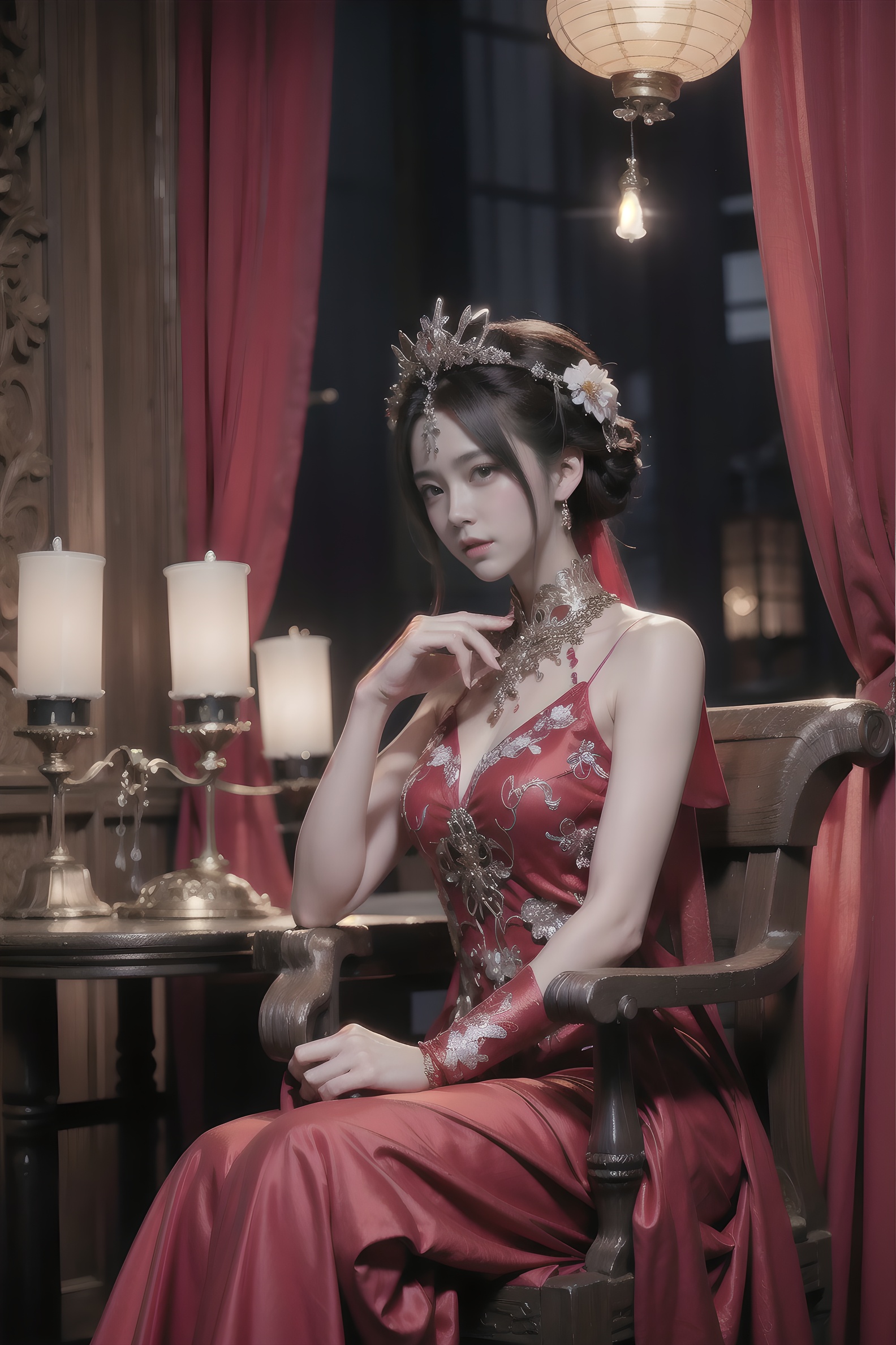 a woman sitting in a chair with a lot of lights behind her and a lot of lanterns behind her,Chen Chun,classical painting,a painting,fantasy artbest quality,masterpiece,realistic,masterpiece,Highly detailed,extreme detail description, <lora:中式花嫁v1:0.8>,Red wedding dress, 