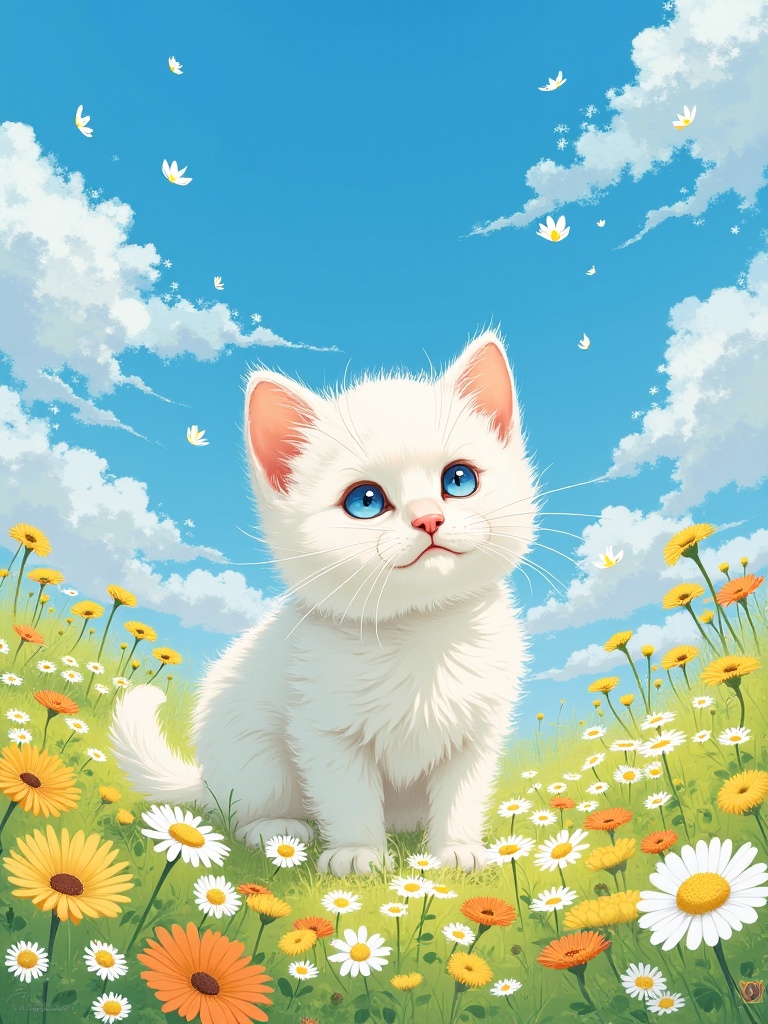 mlzhiyu,A digital painting of a cute white kitten with blue eyes sitting in a field of colorful flowers against a bright blue sky with fluffy white clouds. The kitten has a soft, fluffy texture and is looking up at the viewer with a curious expression. The flowers around the kitten include daisies, chrysanthemums, and other blooms in shades of yellow, white, and orange. The background is a bright, sunny day with a clear blue sky. The style is whimsical and soft, with a focus on the kitten's delicate features and the vibrant colors of the flowers.t.<lora:f-治愈系插画v1.3:1>