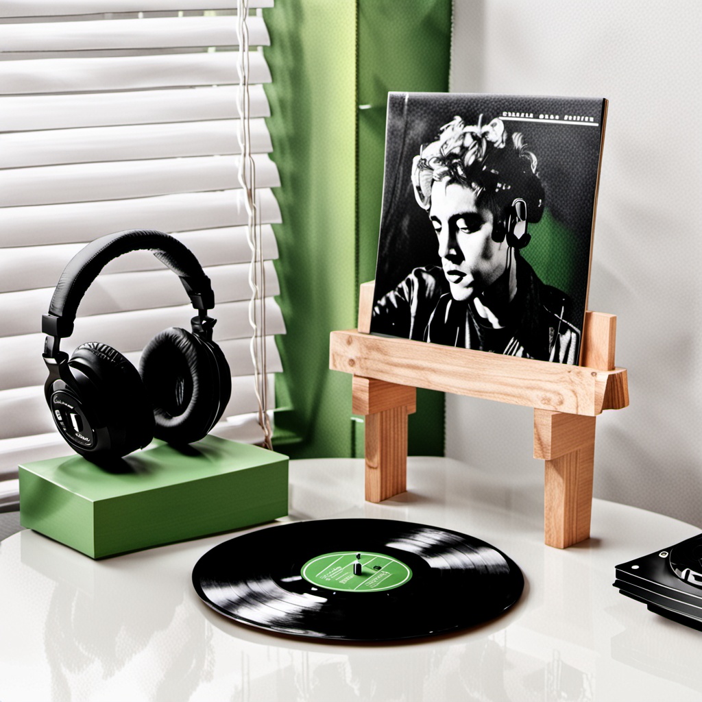 huaijiu,The picture shows an indoor scene with a wooden record rack in the center,on which is a vinyl record and a pair of black headphones. The album cover features a black and white portrait of a man with a green wall background. The entire setting gives a feeling of a combination of retro and modern elements,possibly showcasing or collecting music related items.,<lora:sanjing-XL:0.8>,