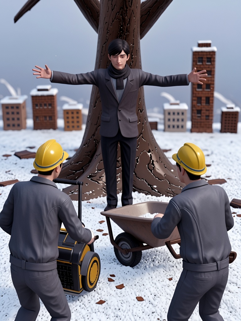 This 3d rendering presents an outdoor scene in snowy,  overcast weather. A young male with short black hair,  wearing a gr...