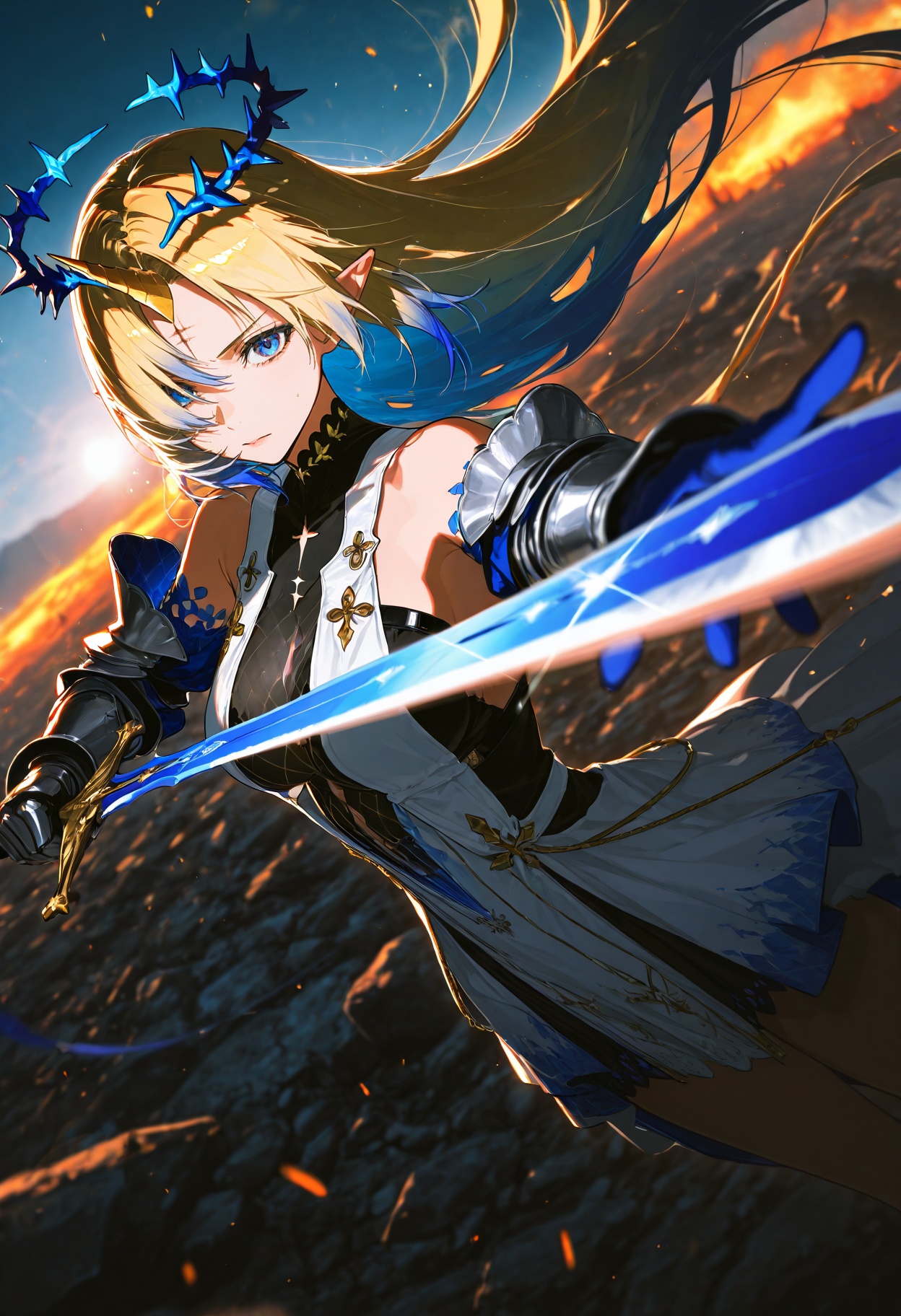 1girl, fleurdelys (wuthering waves), blue eyes, blonde hair, very long hair, blue hair, multicolored hair, pointy ears, gradient hair, horns, single horn, crown of thorns, yellow horn, mature female, large breast, bare shoulders, black collar, black dress, blue hands, collar, dress, breasts curtain, tacet mark, underwear, showgirl skirt, white tabard, rerebrace, single armored glove, (mika pikazo), (yoneyama mai), (kkia), (le (huanglongen)), (z3zz4), dramatic pose, drawing sword, motion lines, motion blur, light particles, lens flare, dutch angle, diagonal composition, foreshortening, shallow depth of field, dynamic lighting, chiaroscuro, impasto shading, glossy surfaces, colorful depth, high contrast, detailed background, war, battlefield, soldiers fighting behind, cinematic perspective, high detail, subtle lighting, soft shading, (dramatic action:1.3), (shallow depth of field:1.4), (foreshortening:1.4), cinematic, natural skin, soft lighting, volumetric lighting, close up portrait,masterpiece,best quality,amazing quality,lnewest,very aesthetic,absurdres,(scenery:1.5),azypos,lazyup,high detail,subtle,high contrast,real background,smooth shading,glossy surfaces,colorful depth,enthusiasm,diagonal angle,high angle,dak depth,masterful shading,low kye,dak depth,chiaroscuro,impasto,(shallow depth of field:1.4),(foreshortening:1.4),dutch angle,dynamic pose,dynamic angle,