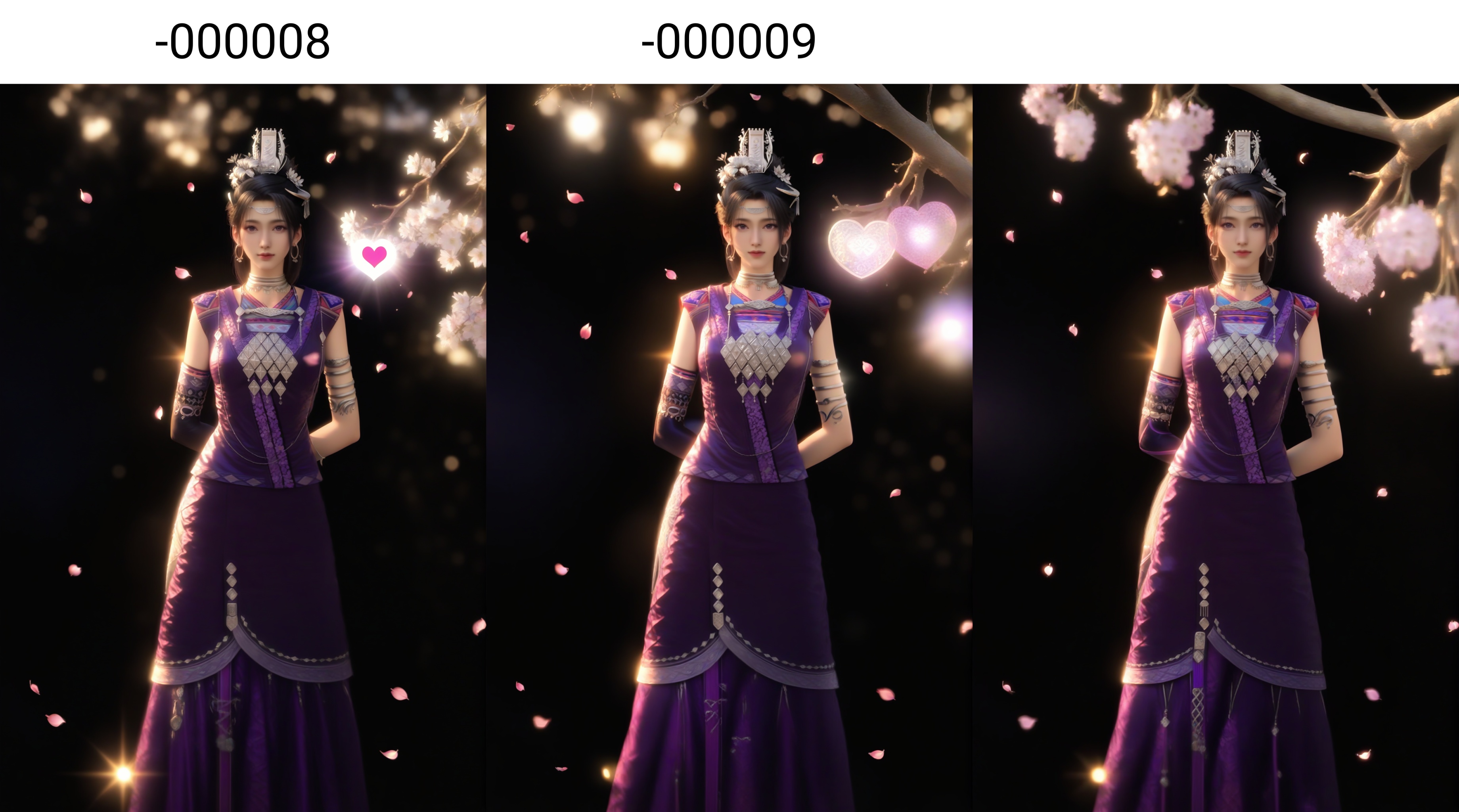 (score_9),(glamor:1.1),narrow waist,<lora:紫萱-pony-000008:0.85>,1girl,solo,long hair,black hair,hair ornament,jewelry,hoop earrings,circle,hair flower,tiara,zixuan,choker,silver choker,necklace,purple dress,elbow gloves,armlet,bracelet,single elbow gloves,collarbone,heart,spoken heart,(arms behind back),looking at viewer,(front view),full body,standing, BREAK<lora:皮肤凹痕:1>,(white_skin:1.1),(fair_skin:1.1),realistic,twig,branch,falling petals,simple background,black background,rim light,Volumetric Lighting,lens flare,Tyndall effect,depth of field,bokeh,sparkle,<lora:e色温:-0.6>,<lora:SDS-XL泛光调节器_v1.0:1.2>,