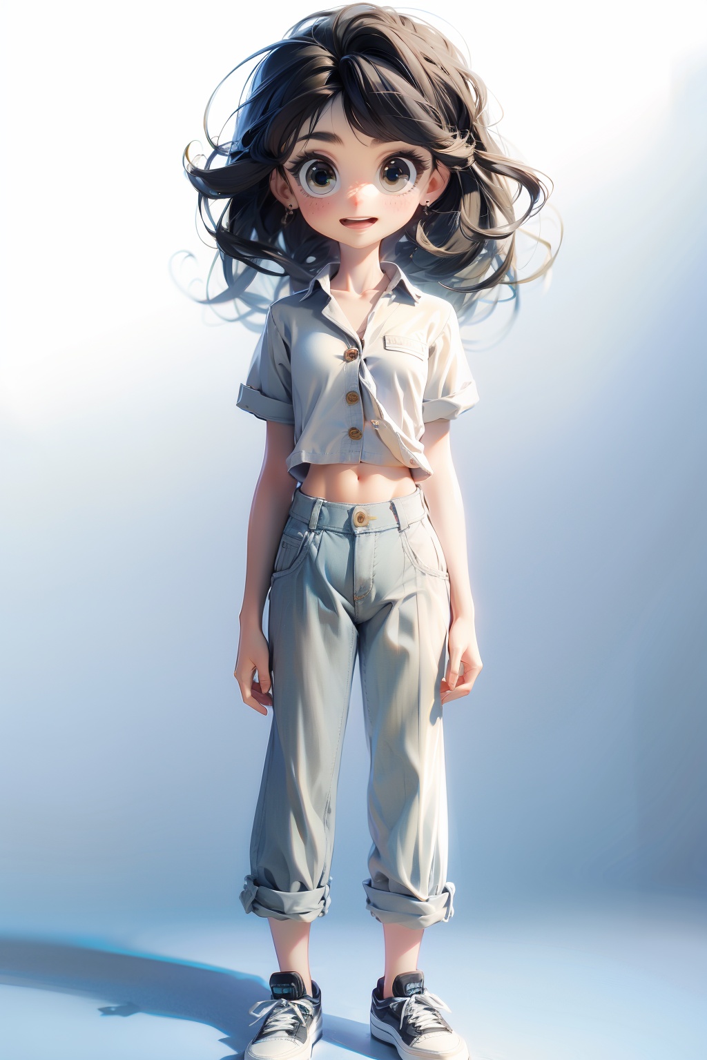 <lora:4:1>,casrtoon,1girl,smile,1boy,shirt,holding hands,white shirt,shoes,pants,earrings,jewelry,blush,long hair,looking at viewer,open mouth,sneakers,short sleeves,white footwear,brown hair,midriff peek,male child,standing,parted hair,blue background,black hair,full body,midriff,white pants,