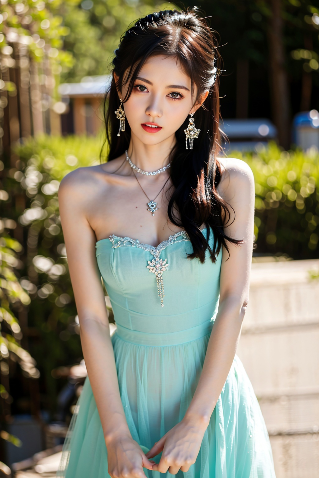 masterpiece, best quality, 1girl, aqua eyes, black hair, closed mouth, earrings, multicolored background, hoop earrings, jewelry, looking at viewer, long hair, outdoors, solo, full body, alluring, clean, beautiful face, pure face, pale skin, sexy pose, navel,((luxury dress))