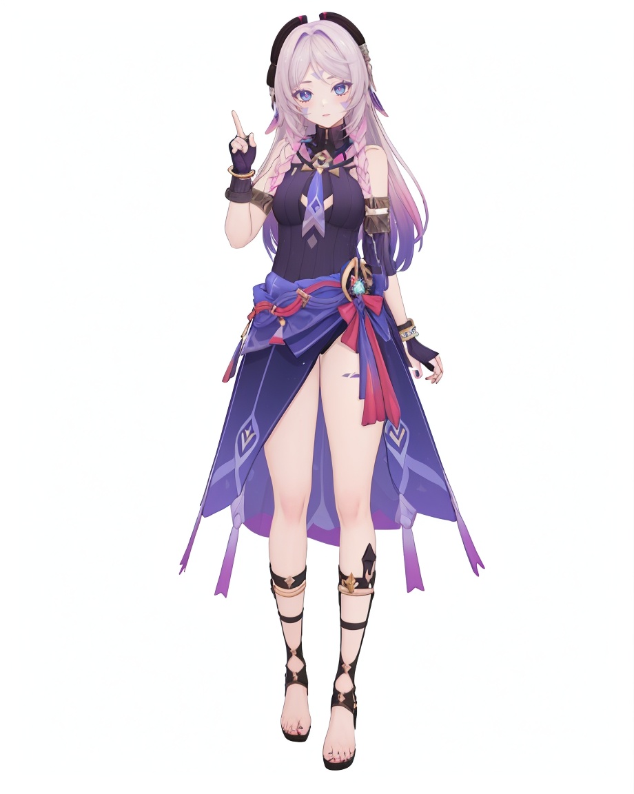 8k,best quality,masterpiece,(ultra-detailed),(high detailed skin),(by nanoless, by misumi \(macaroni\),:0.5),A full-body portrait of a young girl,standing gracefully,pastel art style,high-key lighting,shoujo manga influence,hd quality,delicate details,full body,full shot,standing,looking at viewer,(solo:1.2),simple background,white background,<lora:citlali-sd-Tanger-000019:0.8>,,Citlali \(Genshin Impact\),Citlali,Citlali def clothes,Sarongs,1girl,gloves,jewelry,fingerless gloves,bracelet,multicolored hair,hair ornament,