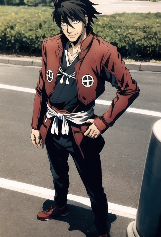 1boy, toyohisa, standing,full body, outdoors, looking at viewer, smile,   <lora:toyohisa:0.8>