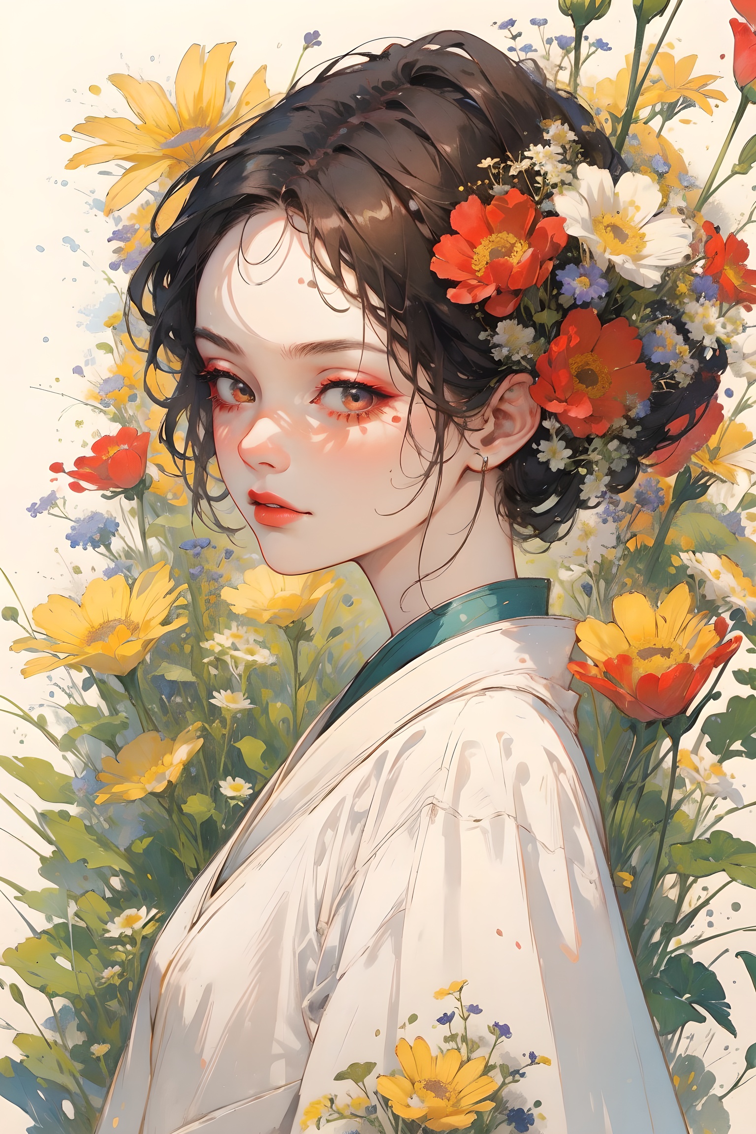 one girl,masterpiece:1,best quality,pigment:1.5, Facial detail,flower,Exquisite makeup, Color background,(colorful:0.8),ancient ,ancient costume,diffusion, <lora:chinese-art:0.35>
