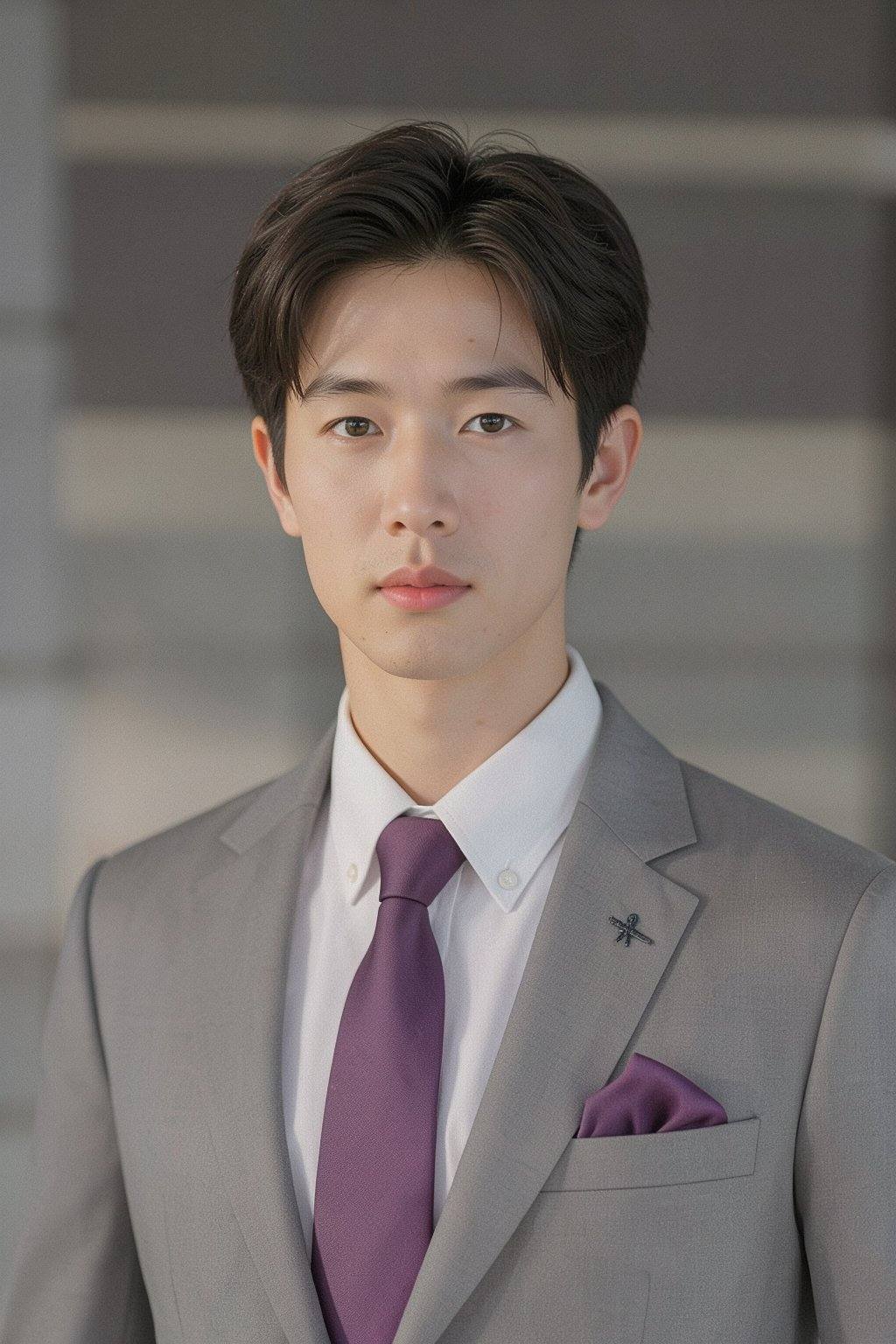 This is a photograph of a young Asian man with fair skin and short,  dark brown hair styled neatly. He has a clean-shaven...