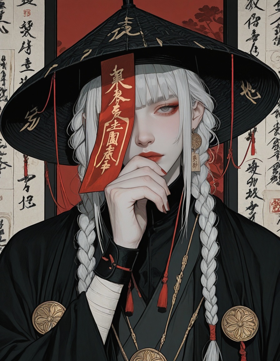 refined Japanese occult anime illustration,  half-body portrait,  an ***** man wearing a large black woven kasa hat with a...