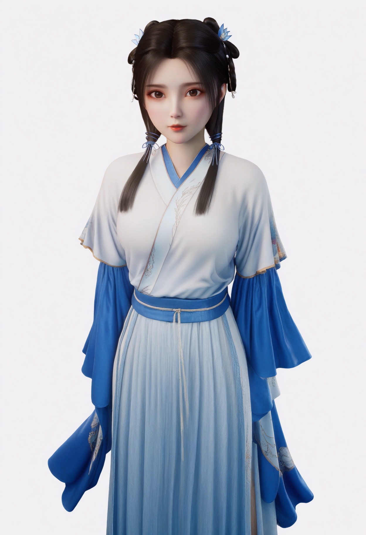 score_9,<lora:SF_ZhouRu10Year_Pony_Realism-000003:0.7>,hair ornament,black hair,dress,lips,bangs,hair over shoulder,1girl, large breasts,clothes,hanfu,hair ribbon,minigirl, hair rings,short over long sleeves,solo,looking at viewer,white background,simple background,full body,