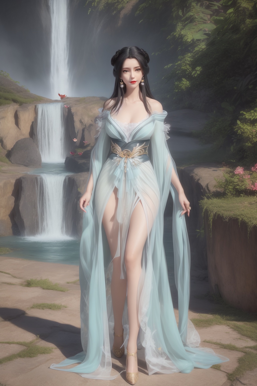 ultra realistic 8k cg,flawless,clean,masterpiece,professional artwork,famous artwork,perfect face,beautiful face,best quality,full_shot,absurdres,1girl,solo,hanfu,dress,standing,bare shoulders,facial mark,forehead mark,hair bun,hair rings,chinese clothes,sparkle,torogao,smile,makeup,red lips,breasts,large breasts,jewelry,earrings,hair ornament,(outdoors:1.4),water,waterfall,butterfly,flower,long hair,realistic,looking at viewer,high heels,<lora:shenfengJ_20240105120823-000004:0.7>,