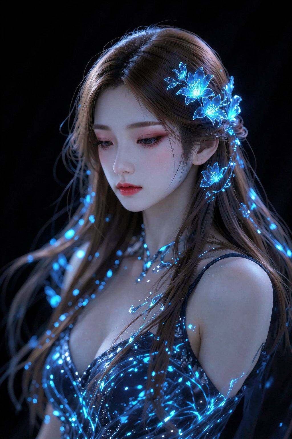 <lora:20260210_TinFlux2KleinAnimeLora2:1>, A captivating portrait features a young woman of East Asian descent, appearing in her early twenties, with long, flowing light brown hair cascading around her. She is adorned with intricate floral and light-like embellishments of luminous blue light, interwoven throughout her hair and clothing. The woman's gaze is directed downward, her expression serene and contemplative, highlighting her delicate facial features, soft skin, and gently parted lips, enhanced by a touch of red lipstick. She appears to be wearing an elegant, form-fitting dress with a subtle, shimmering pattern, further accentuated by the ethereal glow of the blue accents. The scene is bathed in a soft, ambient light, creating a sense of magic and mystery. The background is a deep, velvety black, intensifying the contrast and accentuating the luminous elements. The composition features a shallow depth of field, bringing the woman into sharp focus while the background fades into darkness. The overall mood is dreamlike, suggesting a blend of fantasy and realism, with a touch of Art Nouveau aesthetic.