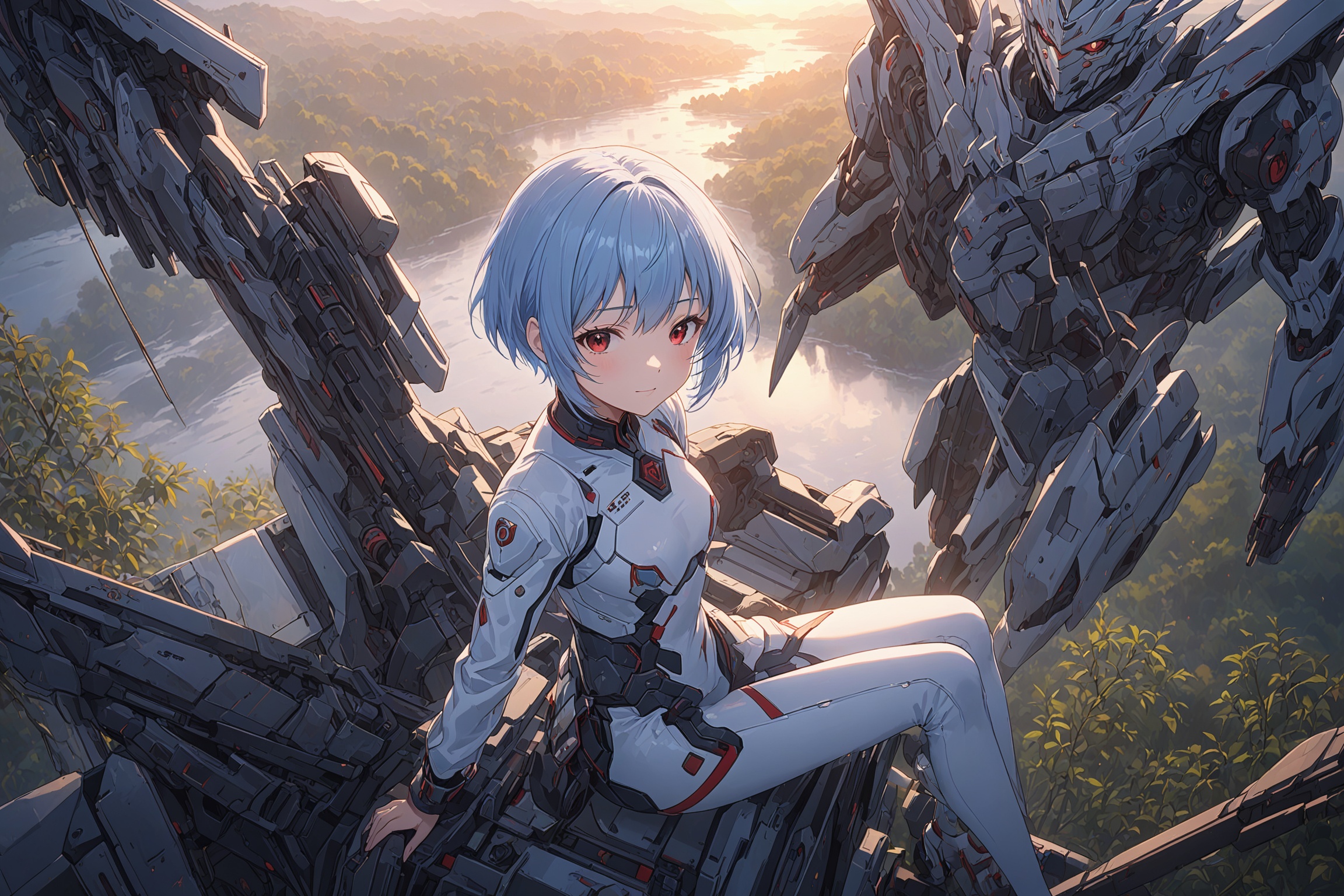 ultra-detailed,(best quality),((masterpiece)),(highres),original,extremely detailed 8K wallpaper,(an extremely delicate and beautiful),anime,Epic CG masterpiece,AYANAMI REI,hdr,dtm,full ha,Sitting on mecha device,8K,ultra detailed graphic tension,dynamic poses,stunning colors,3D rendering,surrealism,cinematic lighting effects,realism,00 renderer,super realistic,full - body photos,super vista,super wide Angle,HD,(Short light blue hair:1.1),(red eyes:1.1),BREAKcloudy-sky river forest tree sunset from-side from-above expressionless smile,