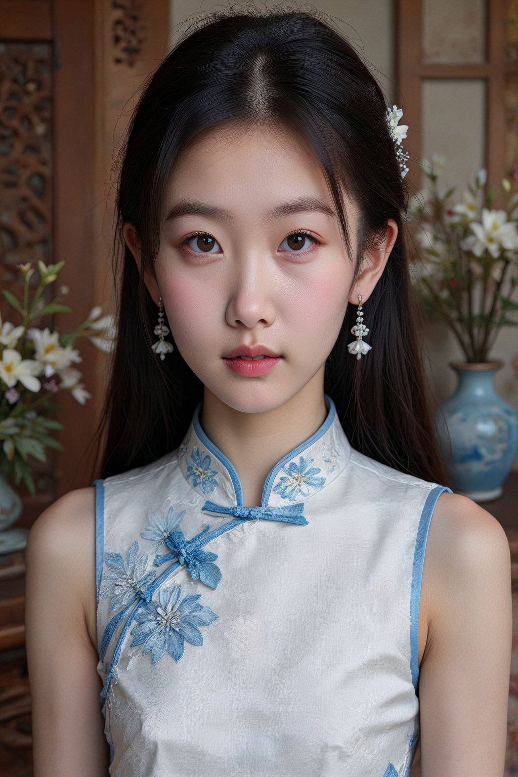 Photograph of an East Asian woman with fair skin and long,  straight black hair adorned with a small white floral hairpin....
