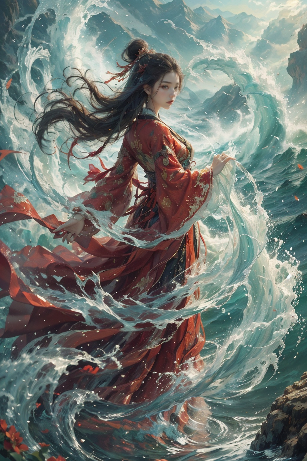 haifeisiv6,  painting of a woman in a red dress standing in the water,  feng zhu concept art on Tensor.Art