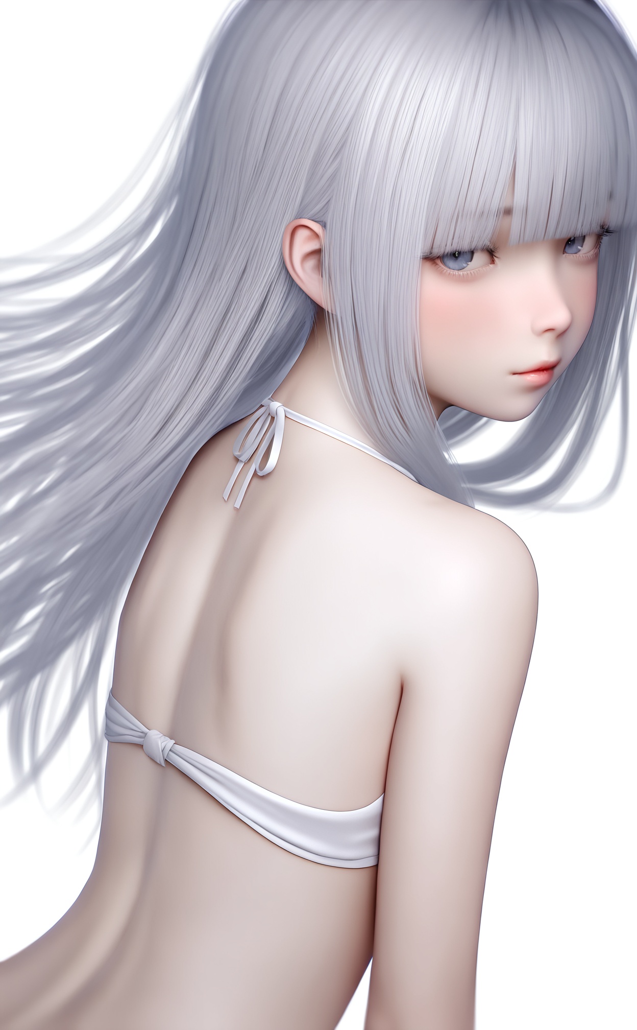 masterpiece,highres,newest,best quality,high quality,loli,petite,chromatic_aberration,//,1girl,white_skin,silver hair,straight_hair,blunt bangs,//,white_background,halter_top, tied_neck, exposed_back, minimalistic//,year_2023,year_2024,//,