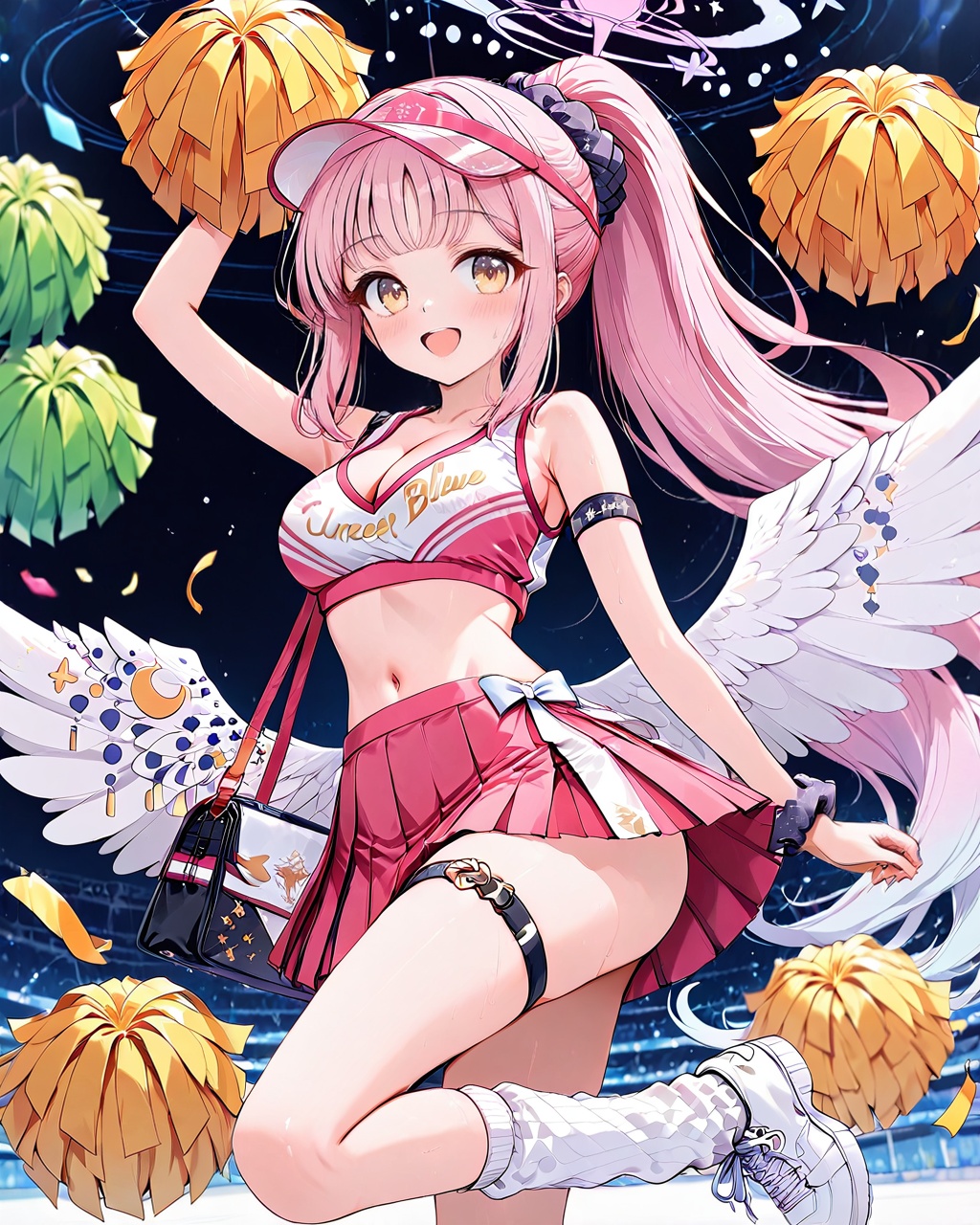 mika (blue archive),O,1girl, mika (blue archive), pom pom (cheerleading), solo, cheerleader, long hair, wings, arm up, skirt, low wings, breasts, halo, pink hair, yellow eyes, armpits, very long hair, smile, full body, bag, looking at viewer, navel, ponytail, shoes, white wings, scrunchie, crop top, pleated skirt, midriff, :d, socks, cleavage, sneakers, holding pom poms, open mouth, feathered wings, loose socks, thigh strap, sleeveless, white background, holding, visor cap, shoulder bag, white skirt, simple background, gradient hair, angel wings, miniskirt, bangs, multicolored hair, white socks, handbag, standing, shirt, standing on one leg, white footwear, bow, hair ornament, stomach, medium breasts, hair scrunchie, crescent, bare shoulders, sleeveless shirt, armband, hair bun, alternate costume, pink skirt, large breasts, kneehighs, blush, leg up, thighs, blunt bangs, black scrunchie,(UHD),anatomically correct,accurate,textured skin,super detail,high details,award winning,best quality,high quality,retinal,HD,16k,1080P,