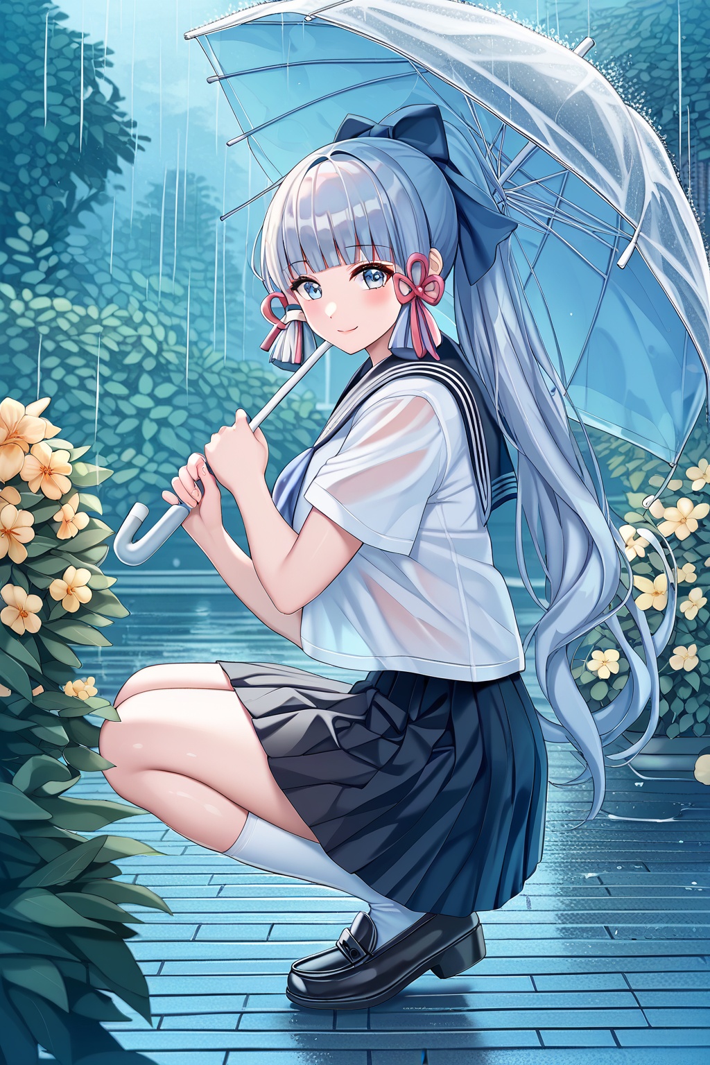 score_9,score_8_up,score_7_up,score_6_up,score_5_up,score_4_up,source_anime,source_cartoon,<lora:kamisato ayakaTponyXL-000008:1>,kamisato ayaka,1girl,squatting,flower,skirt,solo,school uniform,smile,grey eyes,umbrella,black footwear,socks,long hair,looking at viewer,ponytail,short sleeves,transparent,white socks,rain,black skirt,shirt,sailor collar,pleated skirt,holding,serafuku,tress ribbon,white shirt,shoes,hair ribbon,blunt bangs,outdoors,closed mouth,sidelocks,ribbon,full body,transparent umbrella,alternate costume,hydrangea,holding umbrella,black sailor collar,blurry,blush,loafers,grey hair,blunt tresses,from side,