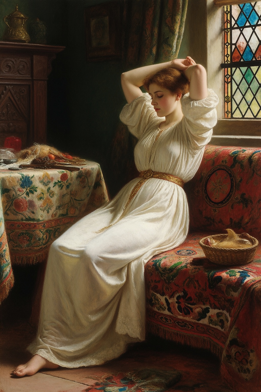 John Everett Millais style,  Mariana from Shakespeare's Measure for Measure,  a young woman in a medieval chamber on Tenso...
