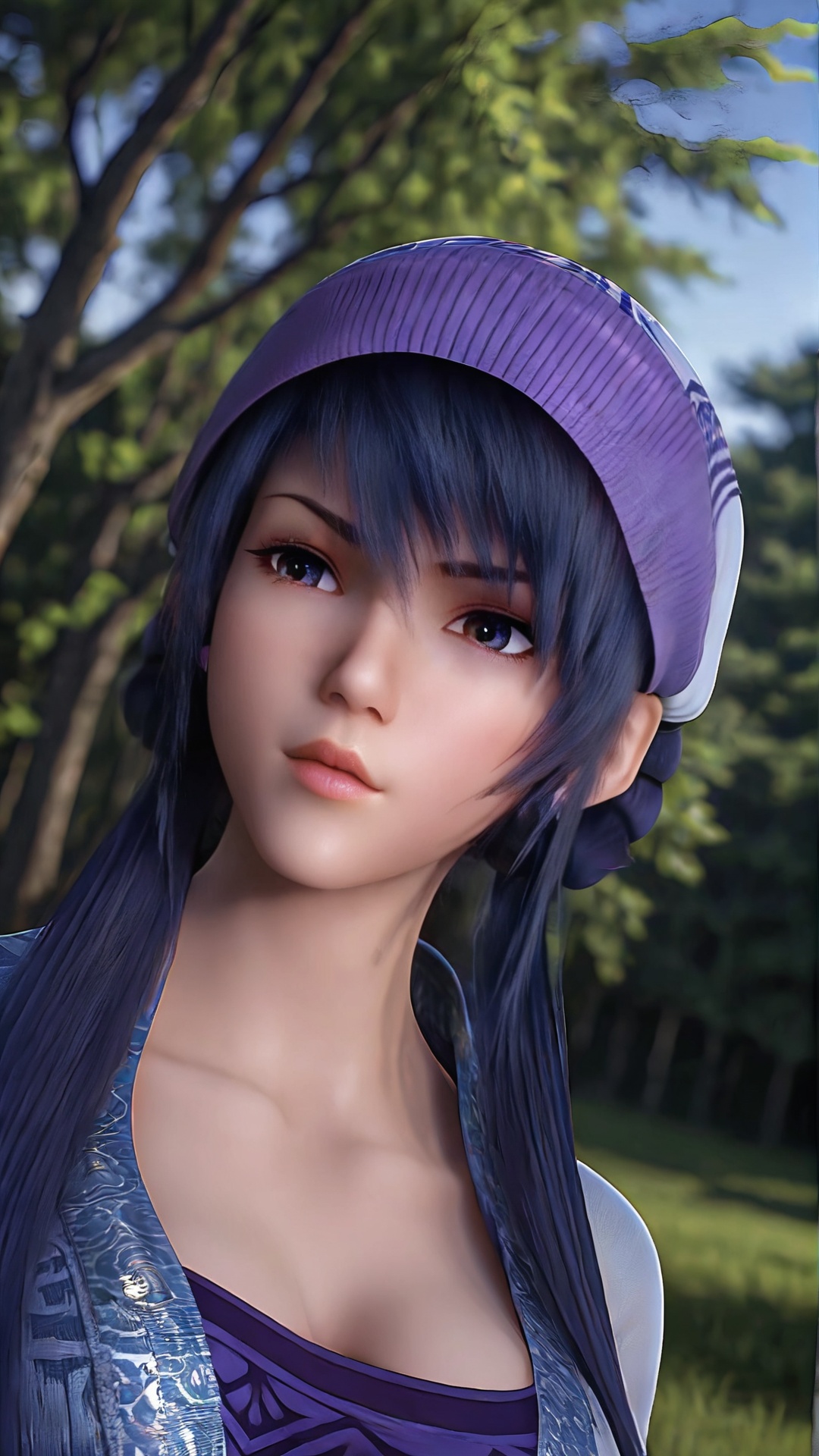 The image is a close-up portrait of a young woman's face. She has a serious expression with her eyes looking directly at the camera. Her hair is styled in a short, straight cut with bangs that fall over her shoulders. She is wearing a purple baseball cap with a white brim and a black jacket with a blue and gold pattern. The background is blurred, but it appears to be an outdoor setting with trees and a building visible in the distance. The overall mood of the image is dark and mysterious.,<lora:pony端木蓉:0.8>,
