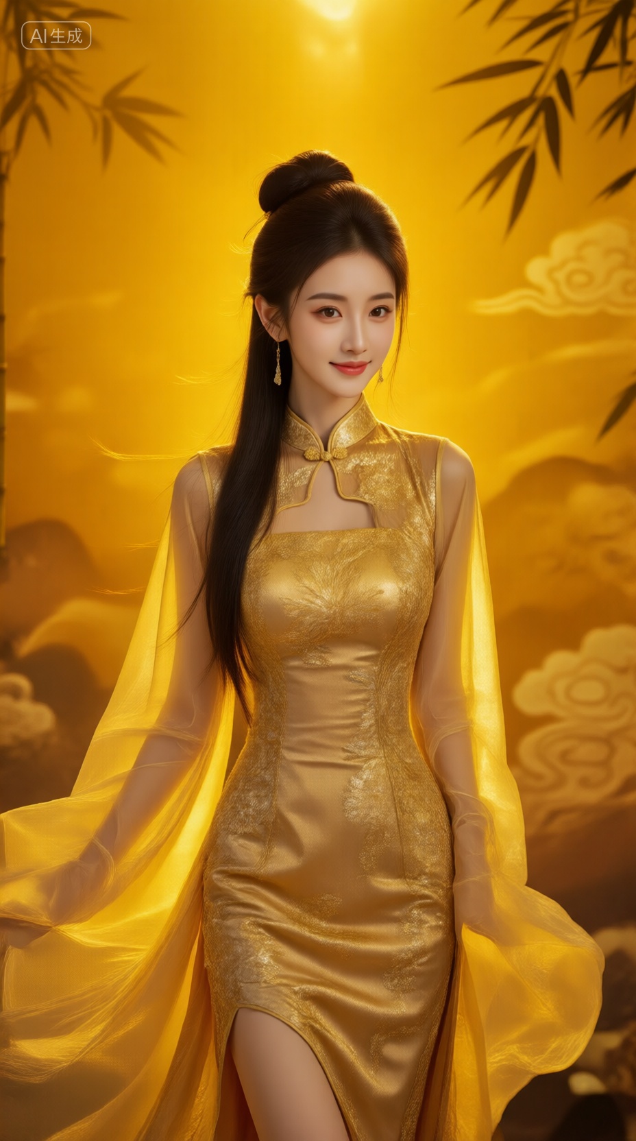 千问佳人,  一位长发挽起的中式女子,  身着金丝刺绣礼服 by 光影驿站 on Tensor.Art