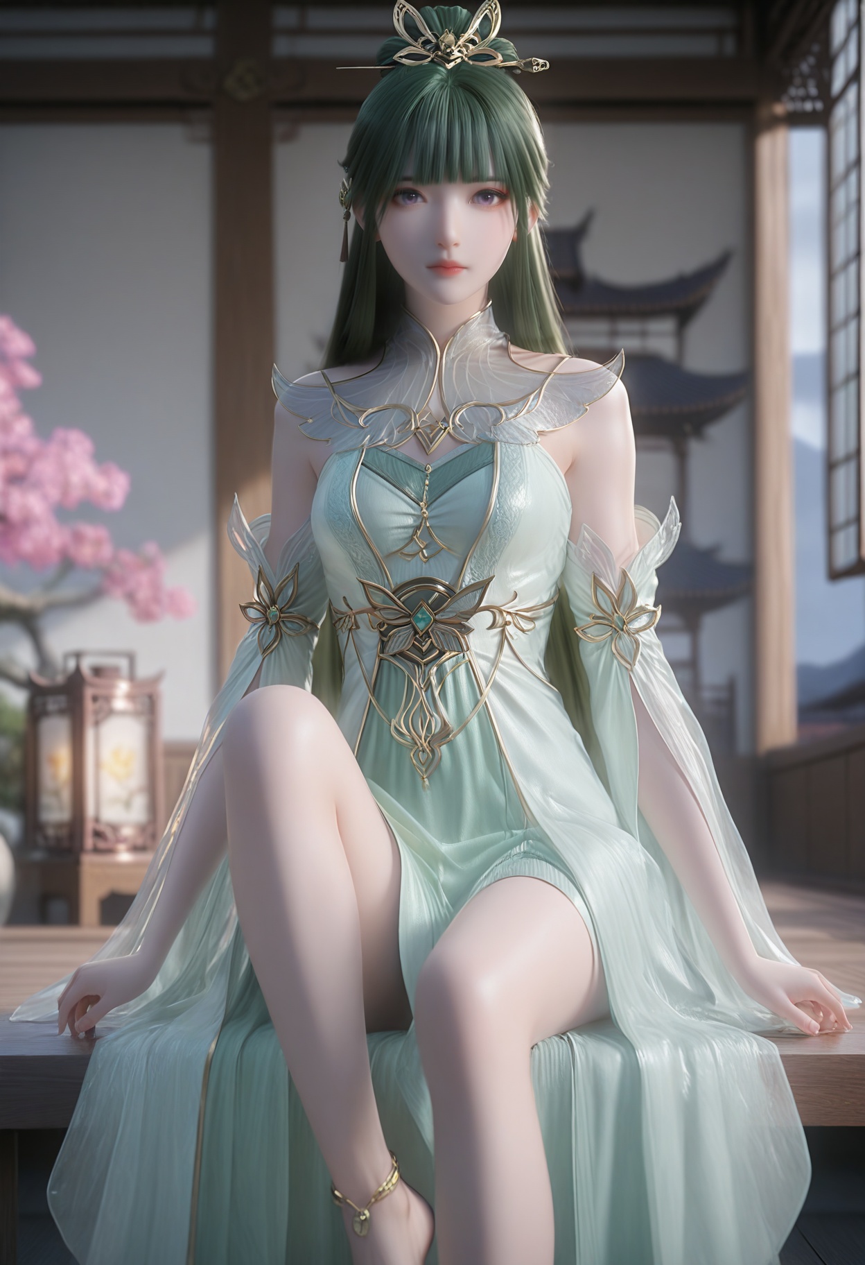 Fu_qu,1girl,green hair,hair ornament,long hair,bangs,blurry background,anklet,barefoot,purple eyes,bare shoulders,<lora:Fu_qu_10_illu-000004:0.75>,white dress,green dress,detached sleeves,see-through,gold trim,photorealistic,hyperrealistic,<lora:realistic filter [IL]:1>,(pale skin:1.2),looking at viewer,sitting,lantern,open window,looking at viewer,indoors,mountains,blossoms,flowers,east asian architecture,beautiful sunrise,warm ambient temperature,