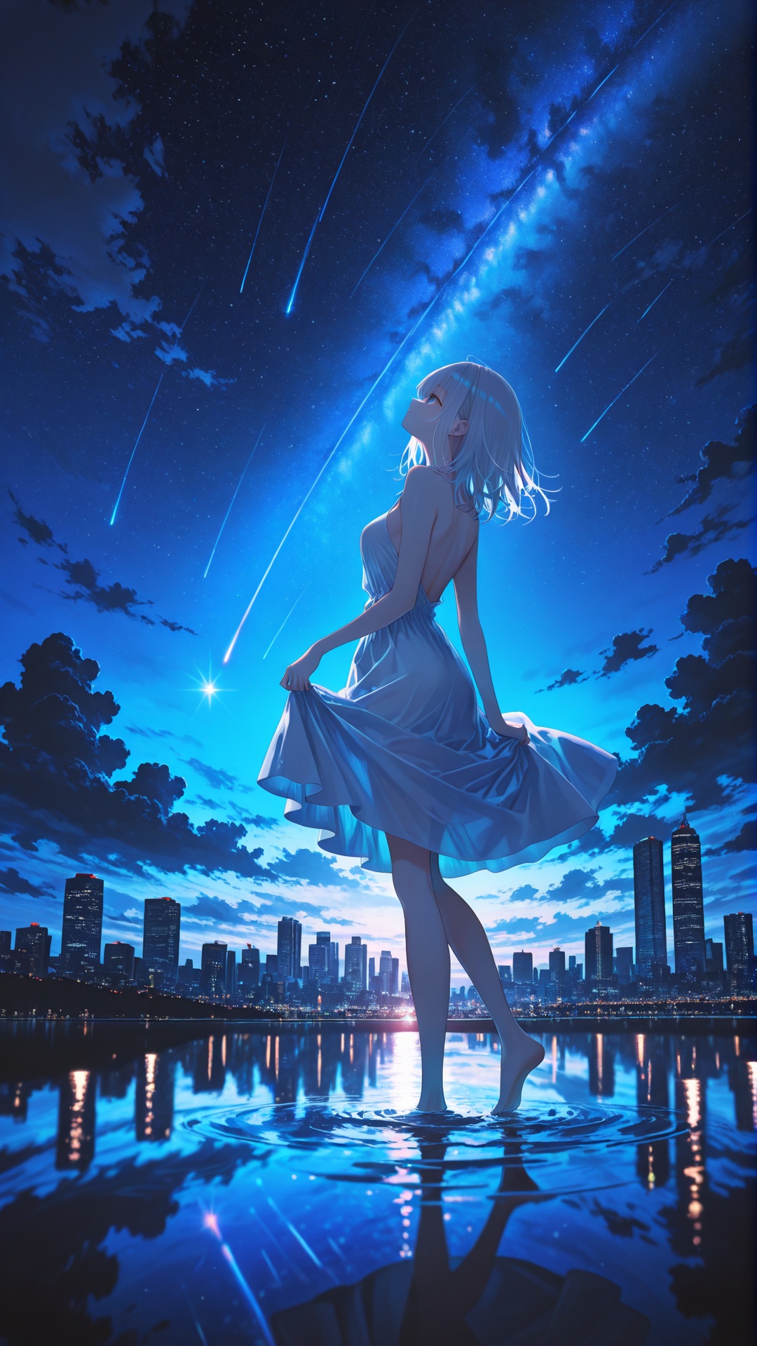 masterpiece,absurdres,best quality,high quality,chromatic_aberration,Night,darkness,black theme,shy,embarrass,endured_face,nsfw,//,completely_nude,back,//,1girl,sky,night,solo,dress,star (sky),night sky,starry sky,shooting star,white dress,outdoors,water,scenery,skyline,skirt hold,looking up,wading,city lights,cityscape,standing,cloud,short hair,reflection,blue eyes,city,barefoot,blue theme,white hair,bare shoulders,breasts,building,cloudy sky,sleeveless dress,ocean,skyscraper,sleeveless,horizon,medium breasts,closed mouth,standing on liquid,from side,medium hair,walking,long hair,profile,reflective water,walking on liquid,//,potorealistic,((Artist:na-ga)),artist:luvluvvox,artist:fukai ryosuke,[artist:Torino aqua],artist:minato hitori,hiten_(hitenkei),artist:rurudo,artist:lazuri7,artist:yunikon,artist:ramchi,(courreges_ace),//,highres,HDR,8K,high contrast,illustration,depth of field,(colorful),Tyndall effect,contrast,lens flare,