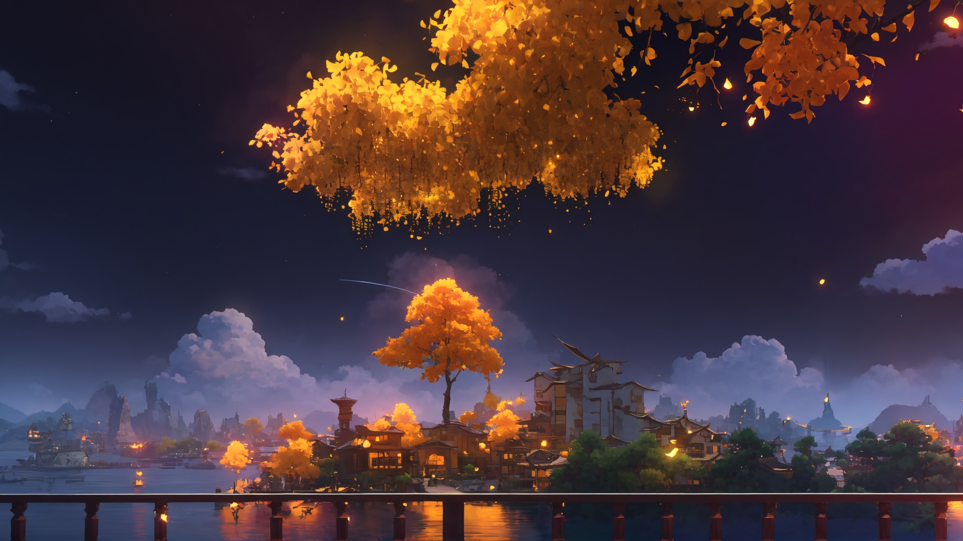 extremely detailed CG unity 8k wallpaper,masterpiece,best quality,ultra-detailed,best shadow,High contrast,best illumination,an extremely delicate and beautiful,dynamic angle,cityscape horizon,mountainous horizon,depth of field,in summer,(night:1.2),(fireflies:1.3),hyper_galaxy,shooting star,cloud,floating,tree,water,beautiful and delicate water,reflection,<lora:liyue-000015:0.9>,