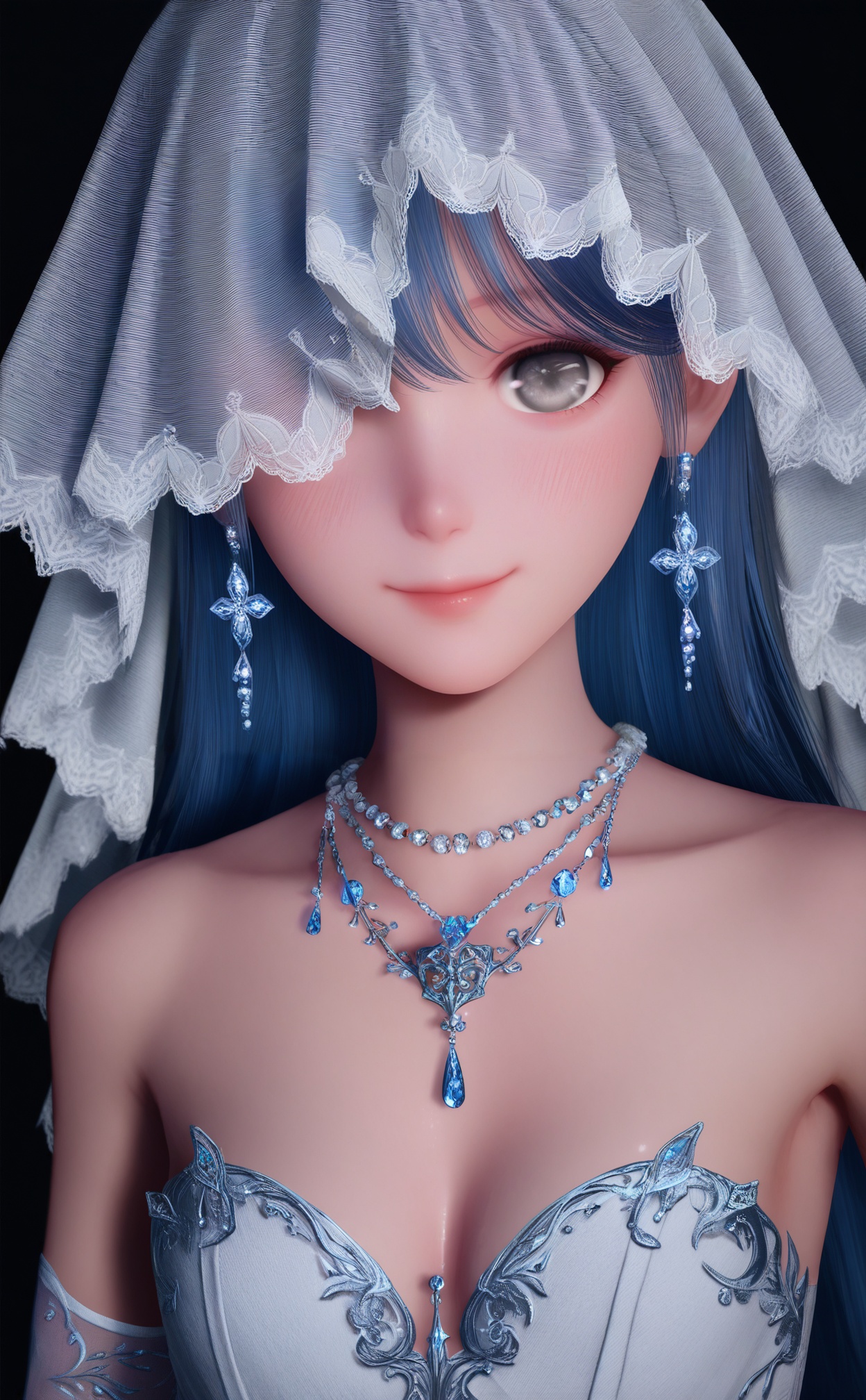 masterpiece,very aware,highres,absurdres,newest,best quality,loli,petite,high quality,chromatic_aberration,//,nuannuan, 1girl, solo, veil, gloves, dress, elbow_gloves, jewelry, blue_hair, earrings, breasts, bridal_veil, upper_body, wedding_dress, bare_shoulders, black_background, grey_eyes, cleavage, looking_at_viewer, simple_background, hair_over_one_eye, long_hair, closed_mouth, necklace, dark_background, smile//,realistic,//,official art,depth of field,detailed light,blurry background,best shadow,shiny skin,cinematic lighting,ray tracing,amazing quality,very aesthetic,absurdres,beast quality,ultra detailed,newest,8K,HDR,<lora:nuannuan2——【noob】hans:1>,
