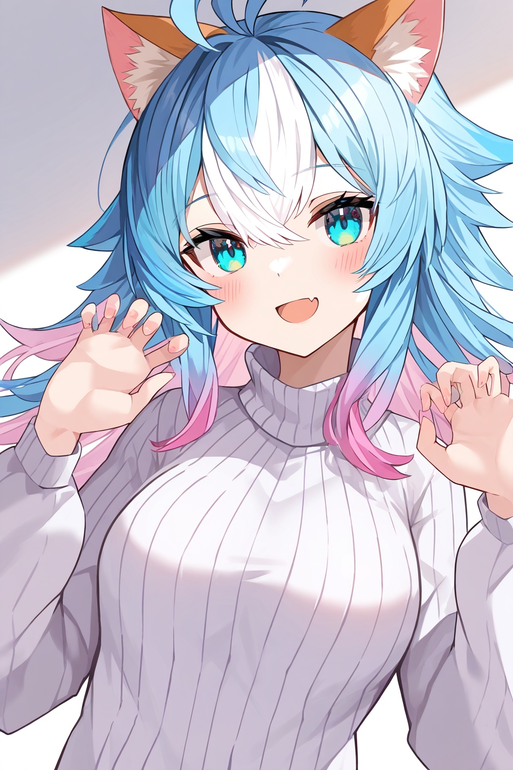 1girl,solo,long hair,breasts,looking at viewer,blush,smile,open mouth,bangs,blue eyes,long sleeves,animal ears,hair between eyes,medium breasts,blue hair,upper body,pink hair,ahoge,white hair,:d,multicolored hair,fang,cat ears,sweater,gradient hair,turtleneck,antenna hair,turtleneck sweater,white sweater,