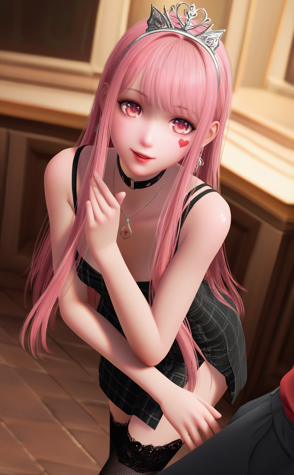 masterpiece,very aware,highres,absurdres,newest,best quality,loli,petite,high quality,chromatic_aberration,//,nuannuan, pink_hair, jewelry, tiara, 1girl, long_hair, thighhighs, plaid, pants, black_dress, looking_at_viewer, plaid_pants, dress, heart, red_shirt, heart_facial_mark, 1boy, necklace, solo_focus, dutch_angle, pink_eyes, medb_\(fate\), indoors, choker, sleeveless, lace-trimmed_legwear, facial_mark, shirt, earrings, out_of_frame, sleeveless_dress, black_thighhighs, pendant, standing, crossed_arms, lace_trim, spaghetti_strap, 1other, collar, bare_shoulders, leaning_on_object, wooden_floor, parted_lips, mori_calliope, black_choker, leaning_forward, collarbone, short_dress, lips, sidelocks, lace, own_hands_together, red_lips, smile, breasts, side_slit, black_pants//,realistic,//,official art,depth of field,detailed light,blurry background,best shadow,shiny skin,cinematic lighting,ray tracing,amazing quality,very aesthetic,absurdres,beast quality,ultra detailed,newest,8K,HDR,<lora:nuannuan2——【noob】hans:1>,