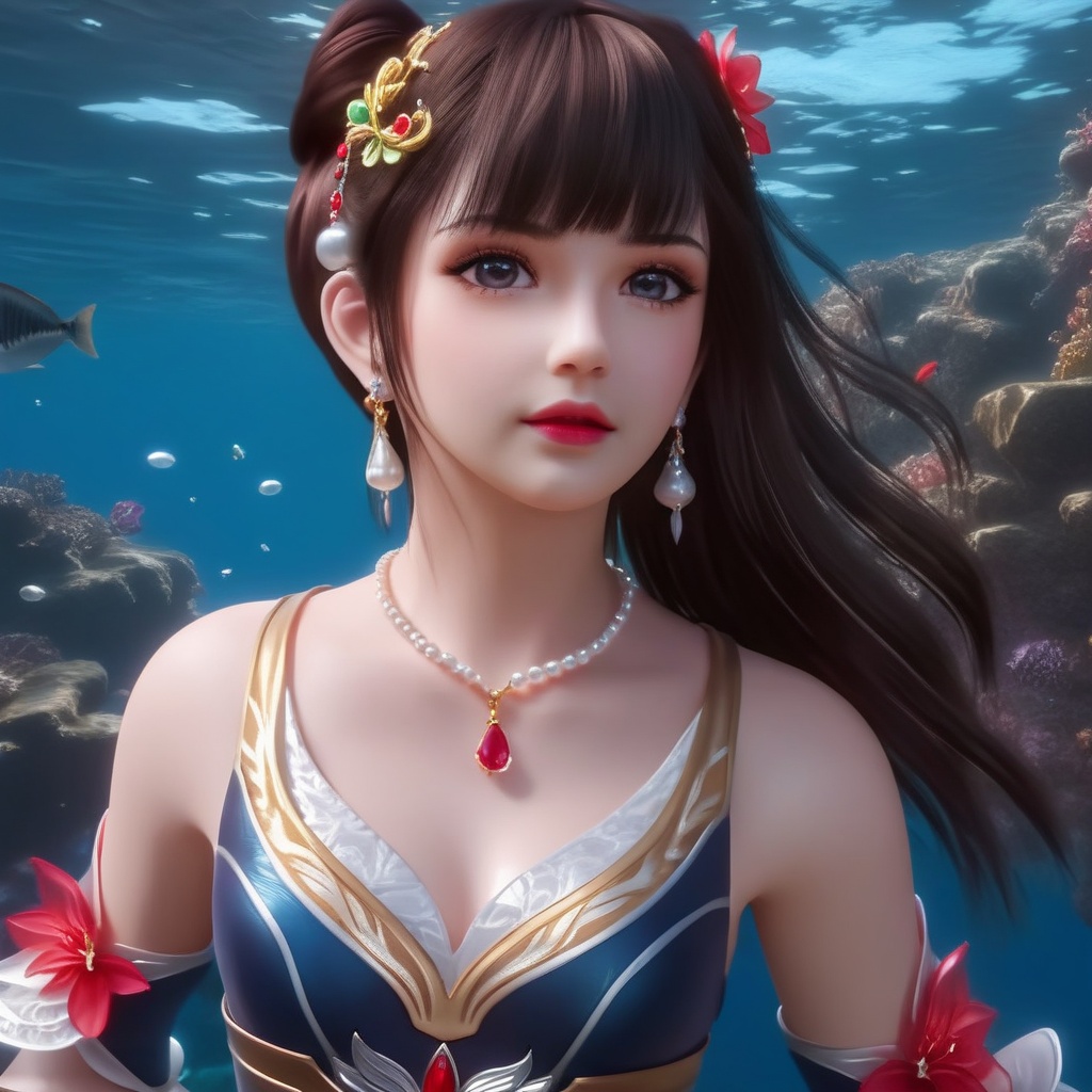 <lora:848-DA-XL-完美世界-火灵儿-幼年:0.8>, (,1girl, ,best quality, ),,masterpiece, ((((, solo,  , ,solo focus, ,underwater, )))) ,ultra realistic 8k cg,   clean, masterpiece,     cinematic lighting, cinematic bloom,  (( , )),, , unreal, science fiction, luxury, jewelry, diamond, gold, pearl, gem, sapphire, ruby, emerald, intricate detail, delicate pattern, charming, alluring, seductive, erotic, enchanting, hair ornament, necklace, earrings, bracelet, armlet,,(cleavage),,