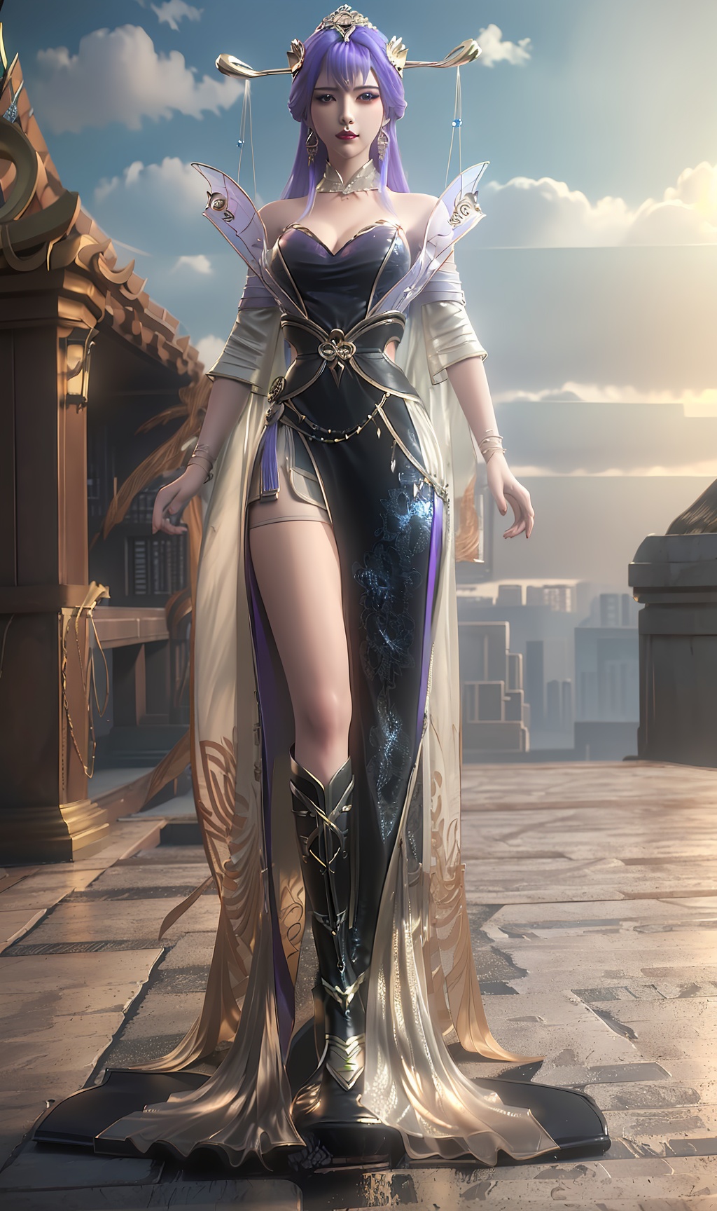 3D,masterpiece,(best quality),(makeup),official art, extremely detailed cg 8k wallpaper,((crystalstexture skin)), (extremely delicate and beautiful),(highly detailed),(face),(1girl), (solo), (jewelry), (earrings),(purple_hair),(long_hair),(hair_ornament),(handwear),(breasts),(standing),(collar),(headgear),(tassel),(long_sleeved),(detached_sleeves,(facial_mark),(bangs),(bracelet),,((tiara)),(hairpin),((crown)),,((full_body,whole_body)),(dress),,(multicolored_clothes),(multicolored_dress:1.000),(closed_mouth),(traditional_clothes:1.000),((long_dress,long_skirt)),,(gown),(shiny_clothes),(closed_mouth),(sunshine, outdoor),((looking_at_viewer)),((Facing the camera)), (long_legs),(armored_boots), (knee_boots),, <lora:hipoly3DModelLora_v10:0.3>