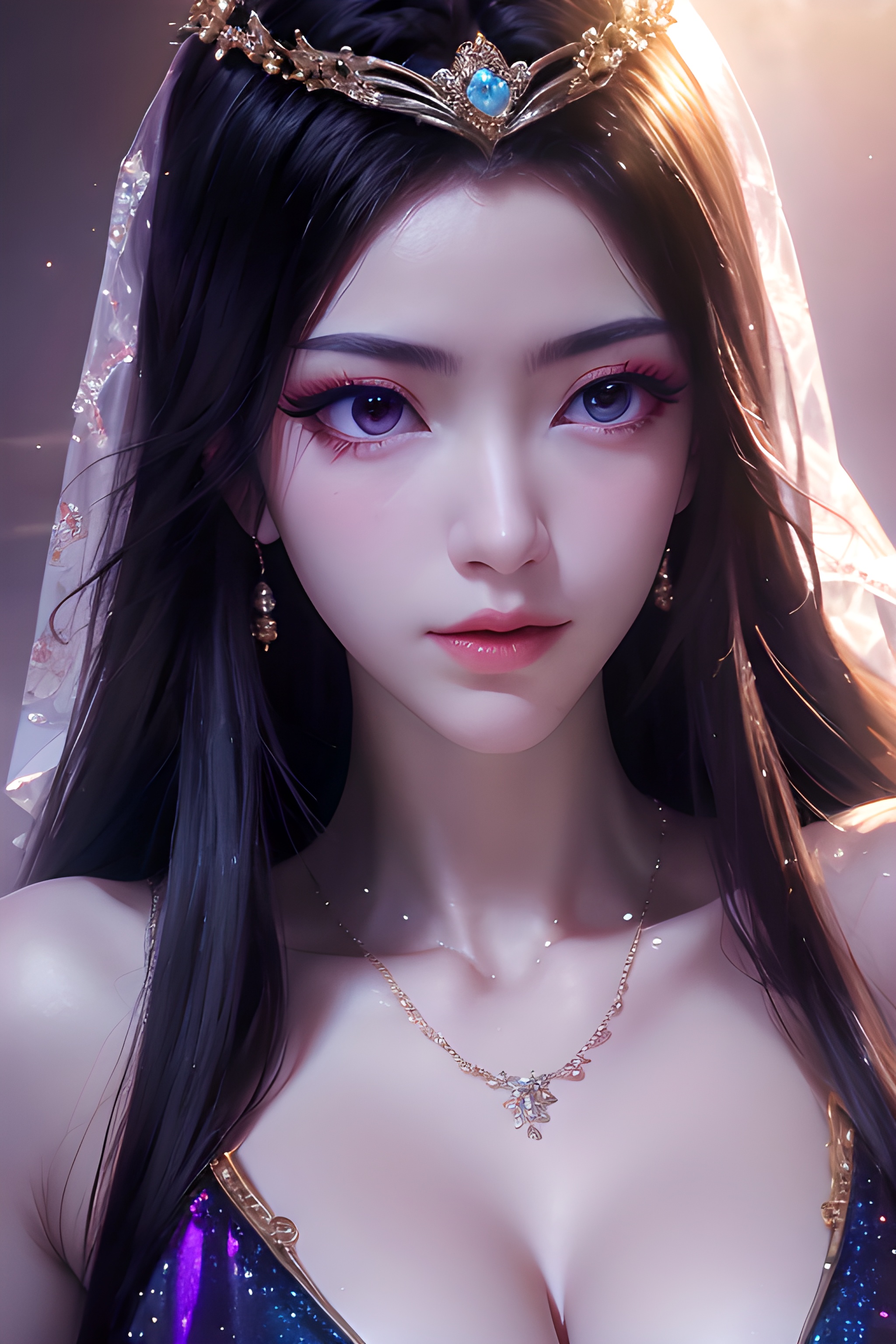 yuanyaoscore_9,score_8_up,score_7_up,source_anime,Close-up details,realistic style photo young woman,solo,long hair,big breasts,outstanding style,tall,cute,in her teens.   Use soft lighting to cast gentle shadows on the subject,adding a touch of dimension to your images without compromising details,ear_ornament,hair_ornament,eyelashes,makeup,light pink eye shadow,light pink lipstick,pale skin,makeup,whirls of vapor,iridescent textures,(Anime:1.1),soft neon light,ethereal ambiance,delicate details,magical atmosphere,concept art,highly detailed,ultra-high resolution,32K UHD,sharp focus,best-quality,masterpiece,golden hour,unconventional supreme masterpiece,masterful details,temperate atmosphere,with a high-end texture,in the style of fashion photography,magazine cover,Dynamic Angle,Dynamic posture,magazine cover,Dynamic Angle,Dynamic posture,<lora:紫灵仙子2:0.6>,1girl,dress,breasts,solo,black hair,purple dress,(veil:1.2),jewelry,cleavage,long hair,looking at viewer,necklace,flowers background,<lora:yuanyao_V0.3:0.75>,, masterpiece, best quality,