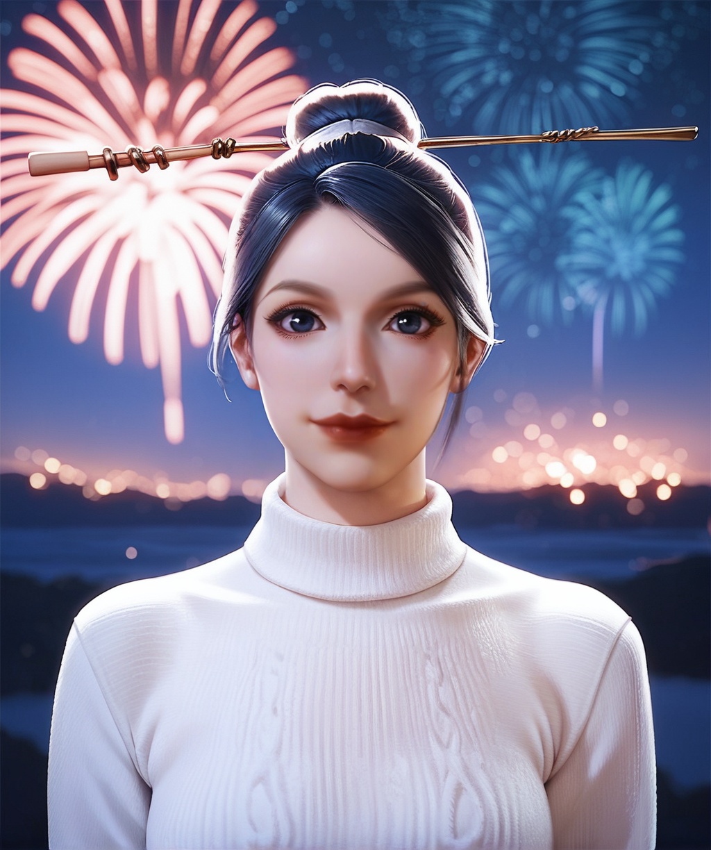 zPDXL3,zPDXLrl,score_9,score_8_up,score_7_up,source_realistic,rating_safe,((realistic)),<lora:zhouyi-000008:0.8>,zhouyi,1girl,solo,closed mouth,light smile,single hair bun,(hair stick),(white sweater),looking at viewer,portrait,outdoors,landscape,night sky,star \(sky\),cloud,glowing,fireworks,depth of field,blurry background,