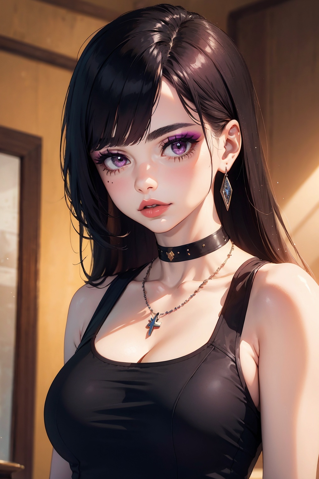 masterpiece,best quality,official art,extremely detailed CG unity 8k wallpaper,1girl, solo, breasts, cleavage, jewelry, black hair, long hair, makeup, looking at viewer, necklace, eyeshadow, eyelashes, mole, lips, mascara, medium breasts, bare shoulders, upper body, realistic, indoors, lipstick, choker, purple eyes, sleeveless, True skin texture,macromastia,