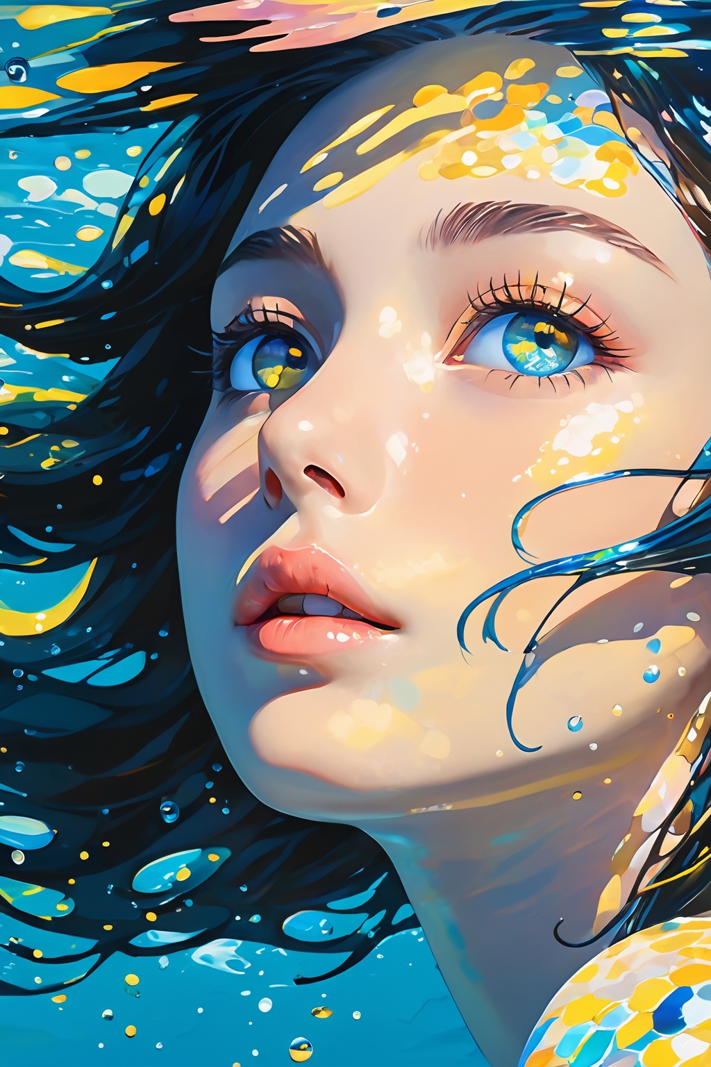 girl swims underwater,hyper detailed render style,glow,yellow,blue,brush,surreal oil painting,shiny eyes,head closeup,exaggerated perspective,tyndall effect,water drops,mother of pearl iridescence,holographic white,black background, <lora:20240510-1715326285381:0.7>