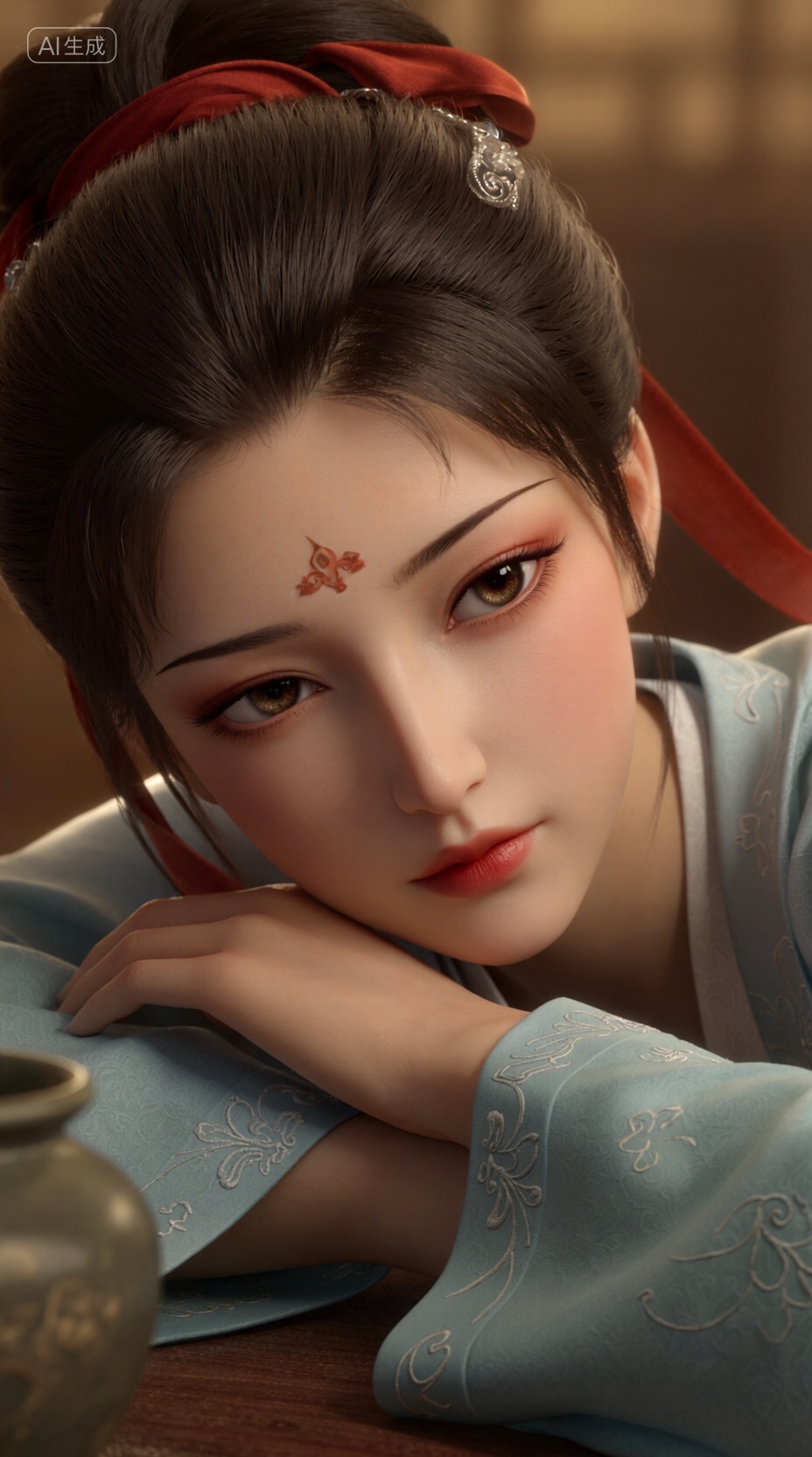 3D写实角色渲染, 这是一幅中国古典风格女性的面部特写肖像,正面视角,她将头轻轻枕在交叠的双手上,眼神温柔地注视着镜头,表情宁静而略带思索,角色拥有精致的亚洲面孔,皮肤呈现出具有次表面散射效果的逼真质感,身穿带有白色刺绣的淡蓝色汉服,发髻上装饰着红色绸带,场景采用柔和的室内暖光照明,营造出一种静谧而亲密的氛围,浅景深效果使背景被完全虚化, PBR写实渲染, 中国古典女性, 次表面散射, 浅景深, 柔和暖光, 高精度雕刻模型, 4K高清纹理, 电影感调色, 毛发系统, 面部特写,, Negative prompt: ng_deepnegative_v1_75t,(badhandv4:1.2),EasyNegative,(worst quality:2),,nsfw, Steps: 40, Sampler: Euler, CFG scale: 1.0, Seed: 1436258673, Size: 928x1664, Model hash: 98763a1277, Model: Qwen-Image_1.0.safetensors, Denoising strength: 0, RNG: CPU, Lora 1: 【摸鱼】3D, Lora Hash 1: 2106c5bf96, Lora Weight 1: 0.8, Lora 2: 【摸鱼】3D电商渲染级KV海报_创意视觉表达, Lora Hash 2: ce1227b095, Lora Weight 2: 0.4, Lora 3: Qwen-Image-Lightning-8steps-V1.1-bf16.safetensors, Lora Hash 3: fe04c3ec1d, Lora Weight 3: 0.6, vae_name: automatic