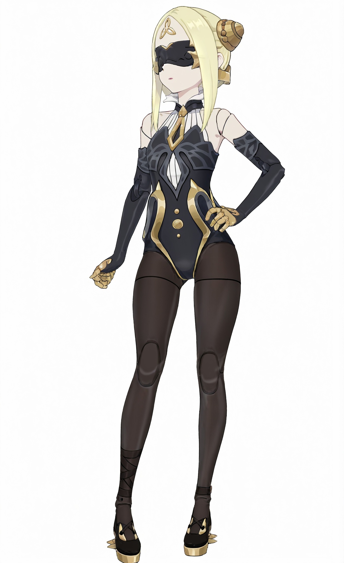 8k, best quality, masterpiece, (ultra-detailed), (high detailed skin), (white background:1.4), (full body:1.3), (simple background), standing, looking at viewer, (solo), hands on hips, <lora:qianren-artiwaifu-Tanger:0.7>, qianren, qianren's def clothes, 1girl, blindfold, blonde hair, pantyhose, joints, black shoes, (beautiful_face), ((intricate_detail)), clear face, ((finely_detailed)), fine_fabric_emphasis, ((glossy)), full_shot, 