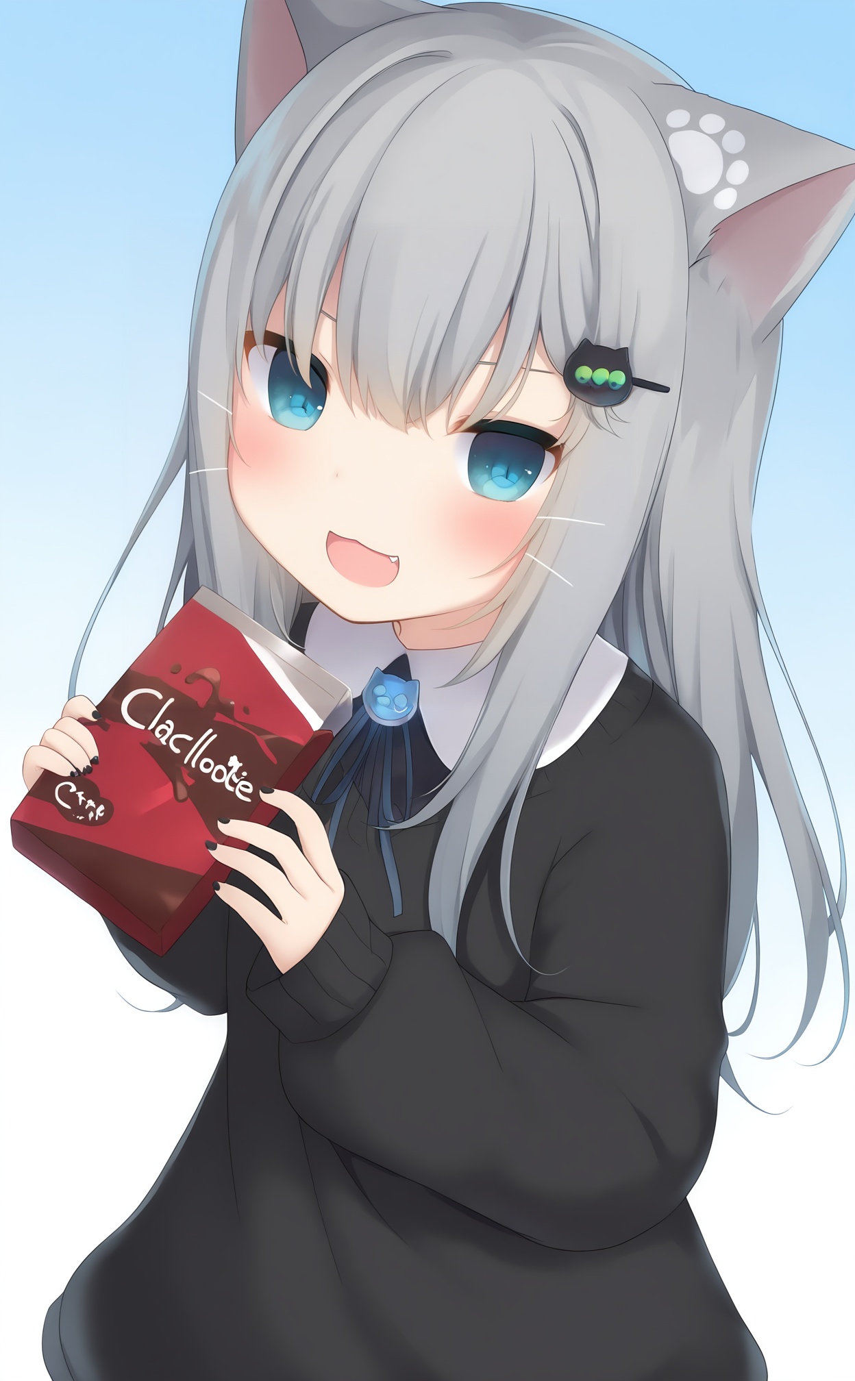 masterpiece,absurdres,best quality,loli,petite,high quality,//,1girl,grey_hair,animal_ears,solo,hair_ornament,chocolate_bar,cat_ears,shirt,upper_body,food,long_hair,long_sleeves,hairclip,smile,blue_eyes,sleeves_past_wrists,chocolate,looking_at_viewer,fang,gradient_background,black_shirt,holding,nail_polish,:d,collared_shirt,brooch,candy,white_background,black_nails,:3,open_mouth,cat_girl,blush,blue_background,holding_food,puffy_sleeves,eyebrows_hidden_by_hair,sweater,neck_ribbon,hair_between_eyes,dress_shirt,virtual_youtuber,jewelry,puffy_long_sleeves,ribbon,//,//,<lora:gancheng2——【noob】hans:1>,