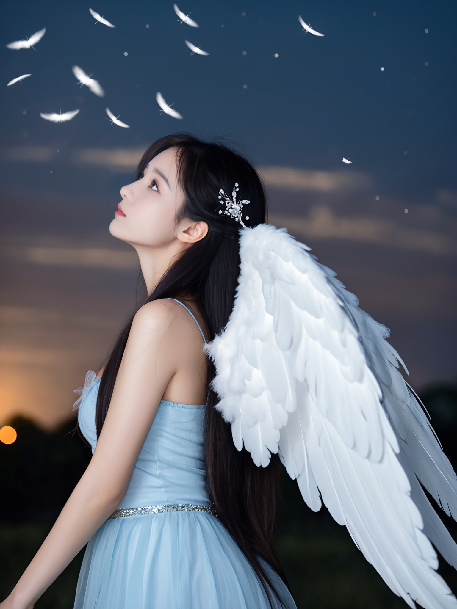 close up, shot from side, portrait of a girl wearing light blue chest length po skirt, long black hairs, she has a pair of big angel wings, her ears and cheek is covered by her wing,  she's looking up and looking afar,  on the blurry foreground are some flying white feathers, natural light at dark night. ultra high resolution