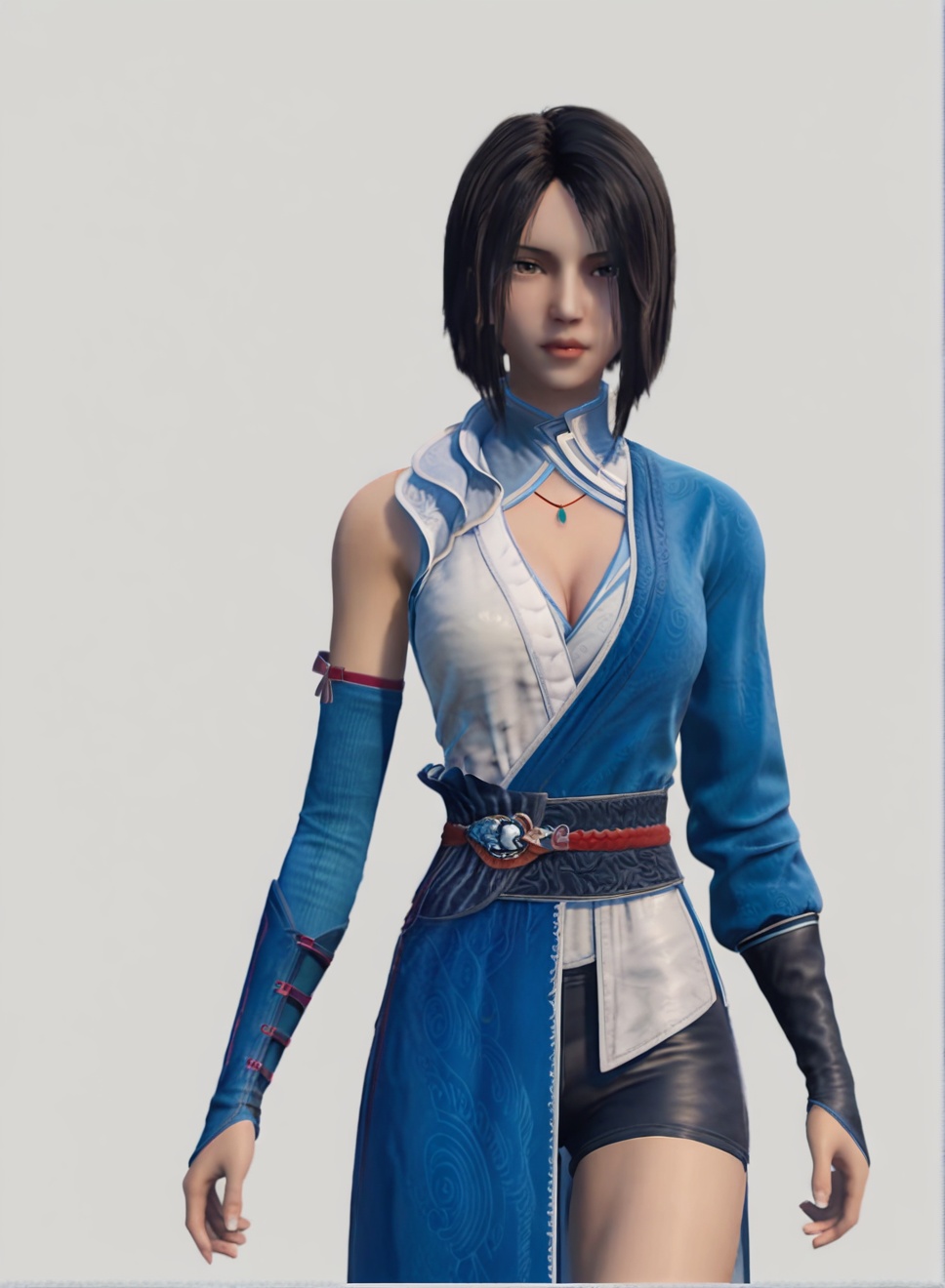 fair_skin,white_skin,Ivory_skin,score_9,<lora:SF_JiRuXue_Pony_Realism-000004:0.72>,blue dress,black hair,detached sleeves,1girl,breasts,standing,large breasts,black shorts,solo,looking at viewer,simple background,